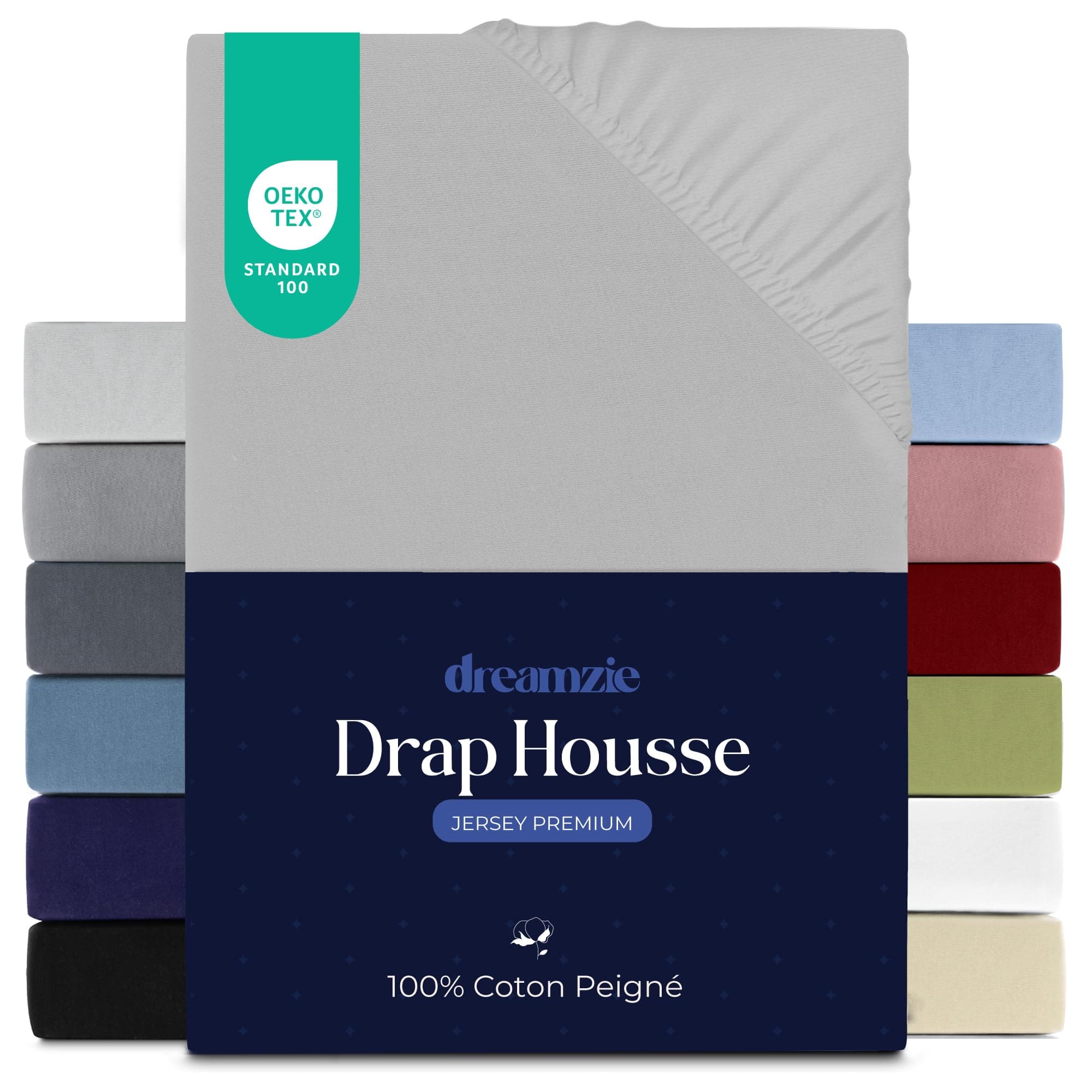 Dreamzie Drap Housse 160x200 cm, Jersey 100% Coton Premium, Hauteur De Matelas Jusqu'à 27 cm, Hypoallergénique, Oeko-Tex, Gris