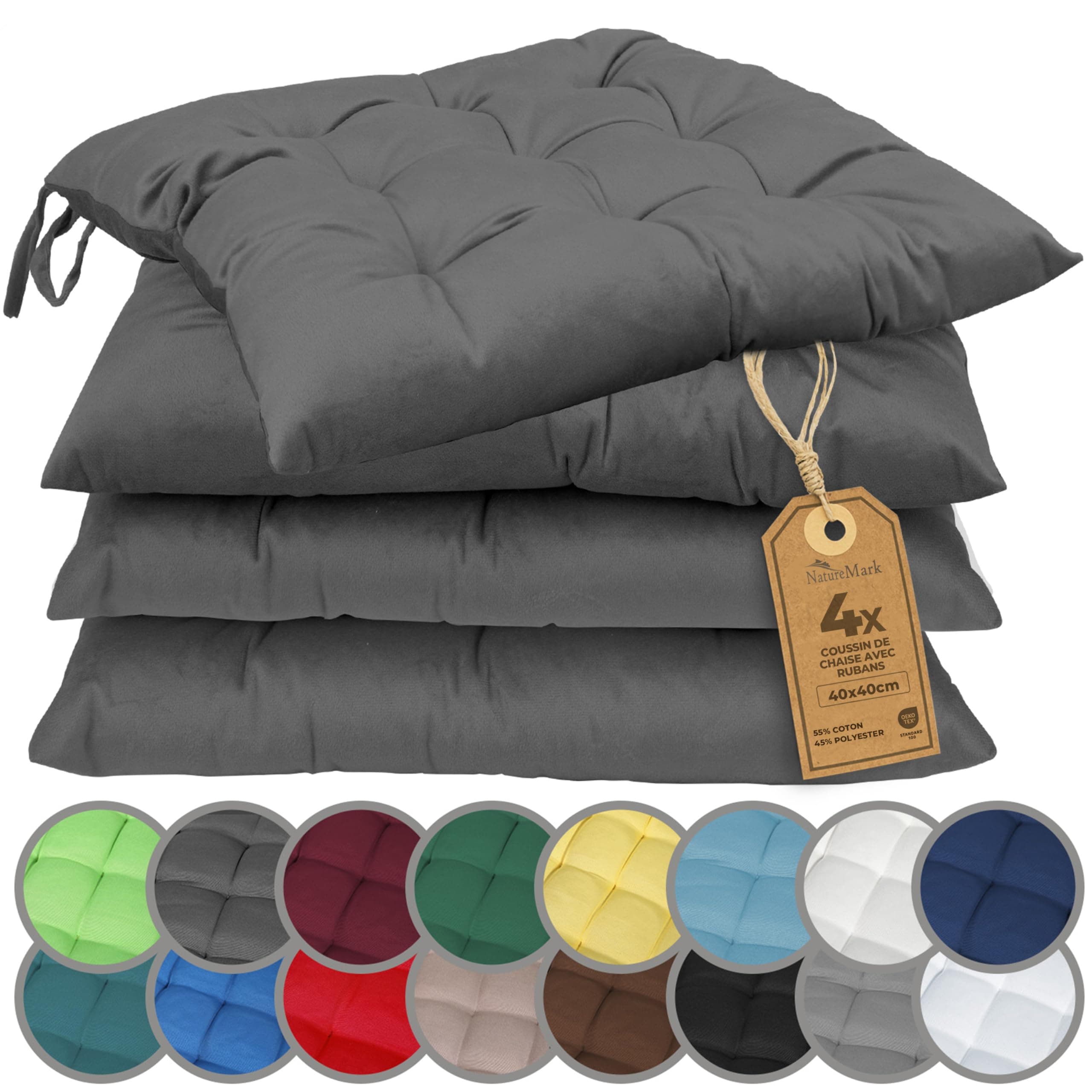 NatureMark Lot de 4 Galettes de Chaises avec Rubans 40x40 cm – Coussin de Chaise Épais pour Intérieur & Jardin – Couleur Anthracite
