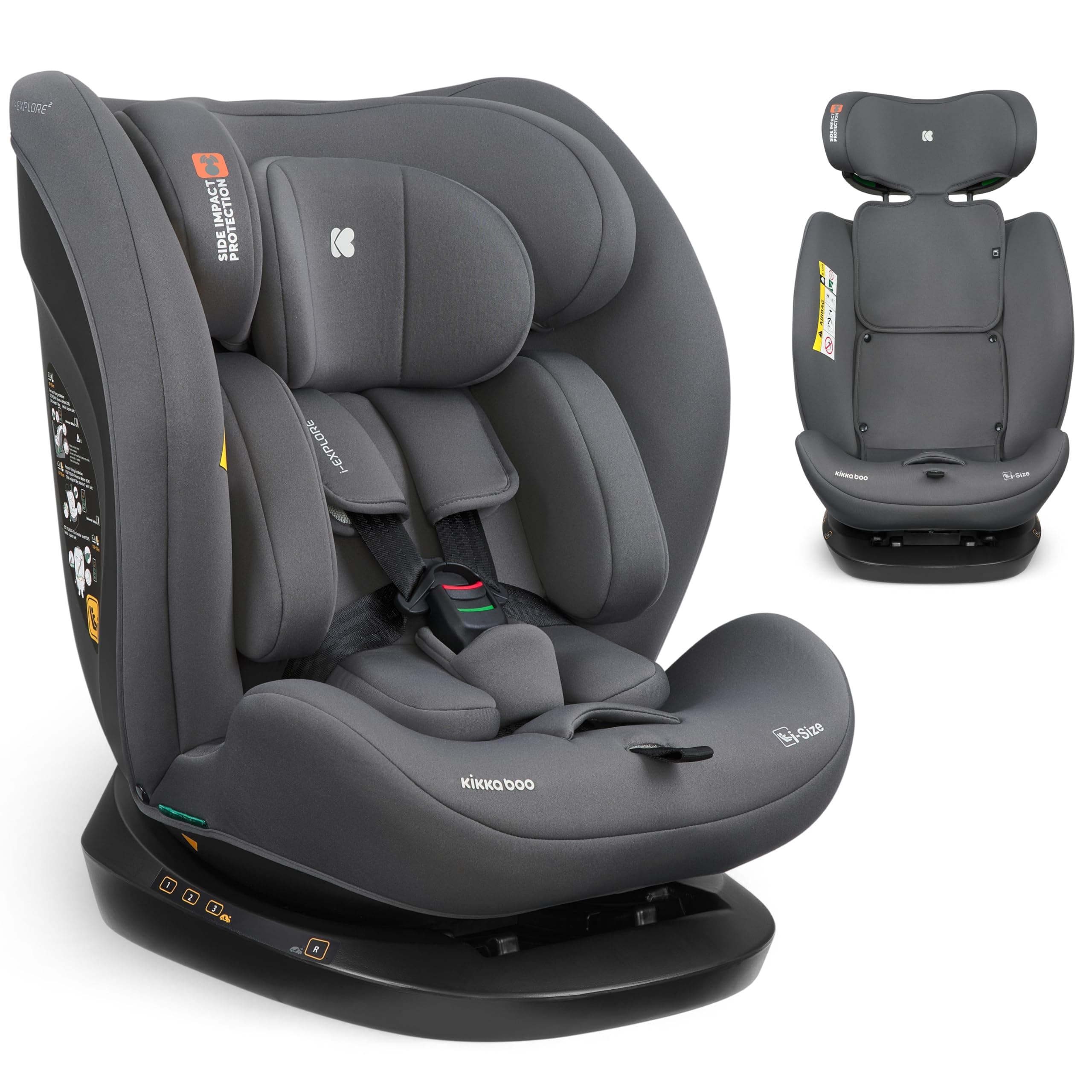 KikkaBoo Silla Coche Bebé sin ISOFIX i-EXPLORE 2, Grupo 0 1 2 3, i-Size 40-150 cm, Reclinable, 0-12 Años, Reposacabezas 14 Posiciones, Cojín y Arnés 5 Puntos, Grey