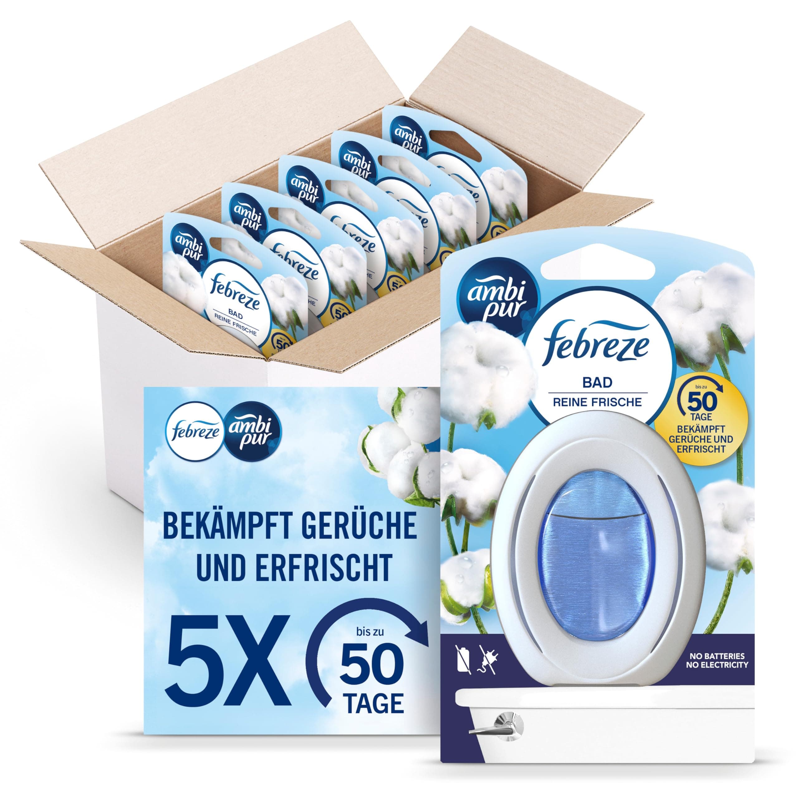 Febreze Bad Lufterfrischer, Reine Frische, 5 Stück, Kontinuierliche Geruchsbekämpfung und -verhinderung für Badezimmer