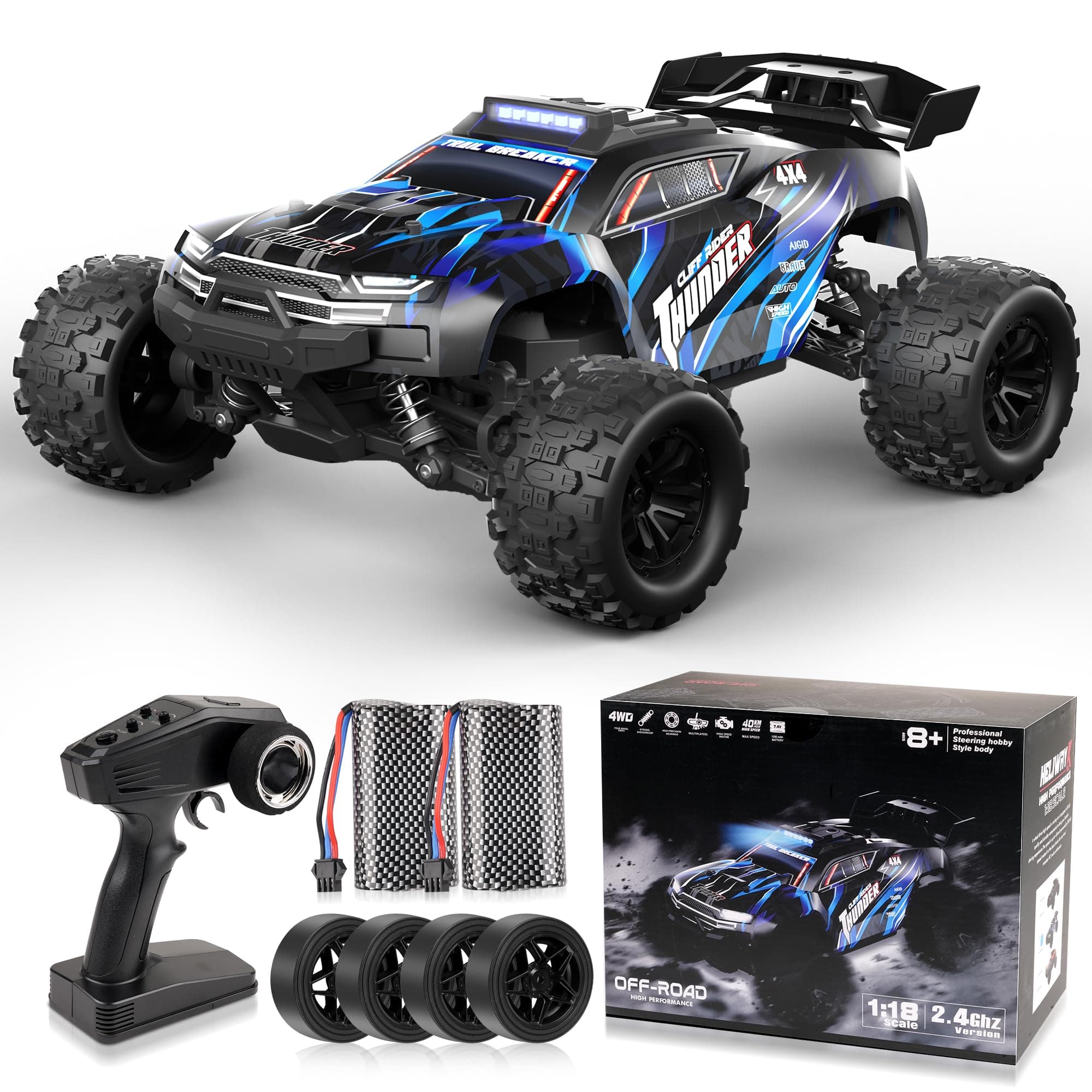 JOYTREKY Coche Teledirigido - 1:18 Coches De Control Remoto 40km/H 2.4Ghz 4WD Todoterreno Off-Road Drift Truck Hobby Grade con BateríAs Recargables Duales para Un Juego Prolongado - Azul