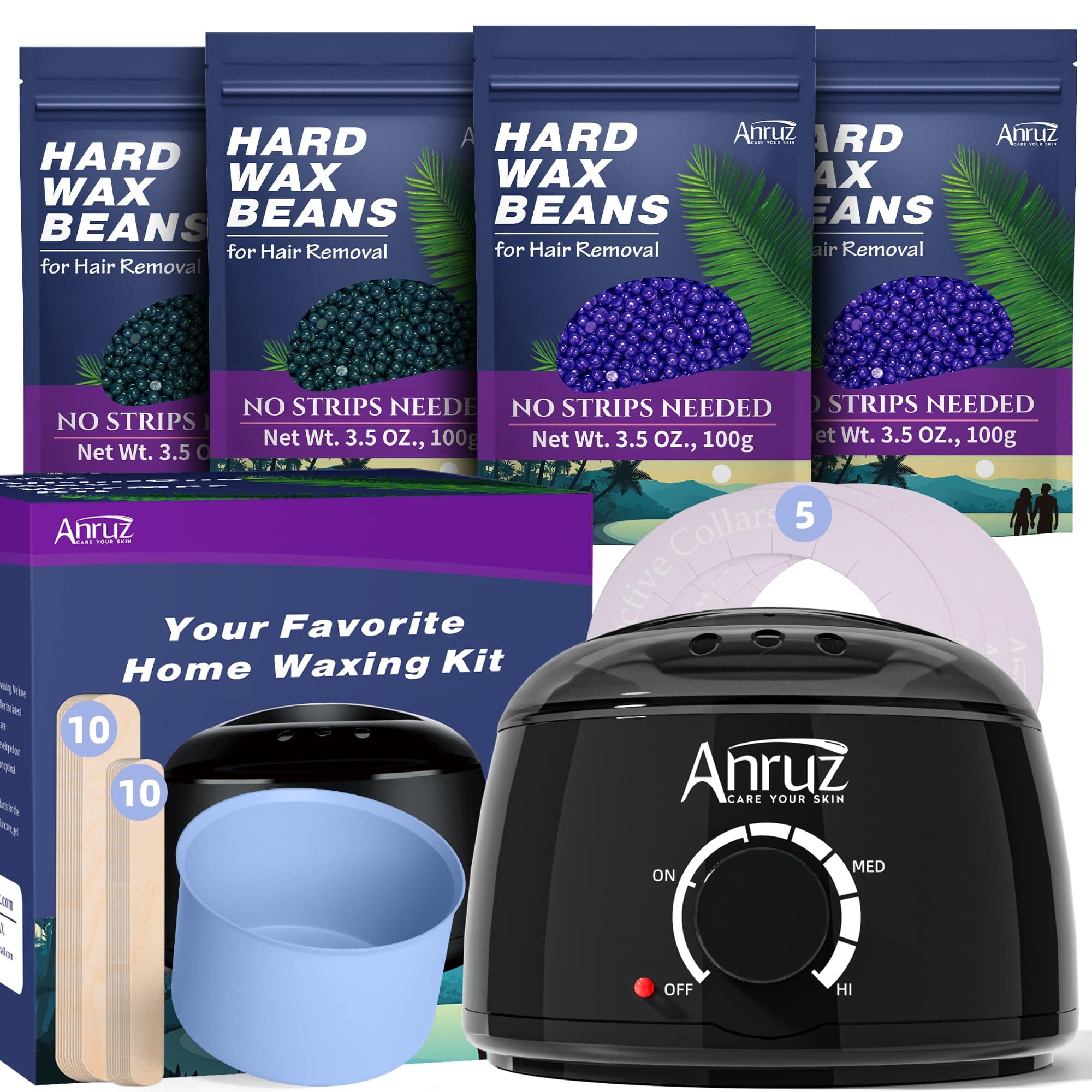 ANRUZ Chauffe Cire Epilation, Kit Epilation Cire Inclure 400g Perles de Cire et 20 Spatules, Silicone Bol， Chauffe Cire Kit pour Corps Entier, Jambes,Visage, Sourcils