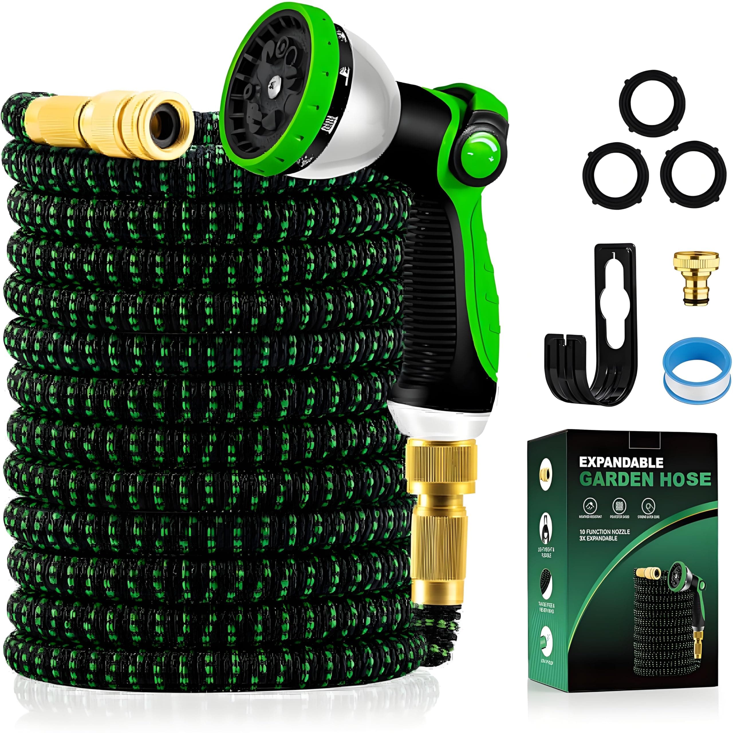 Yofidra Tubo da Giardino Estensibile 15M/50FT, Leggero, Pistola 10 Funzioni | Raccordi Metallo 3/4"&1/2", Leggero 3450D, Tubo Flessibile da Giardino per Innaffiare, Lavare Auto e Terrazzo(3x,5-15M,Verde)