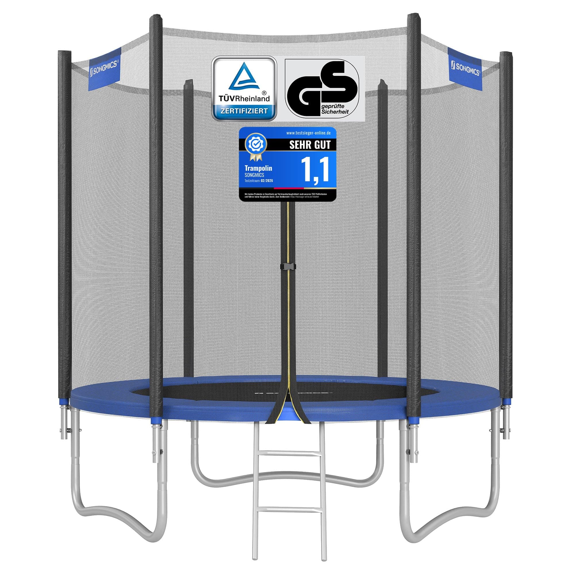 SONGMICS Trampolin Outdoor Ø 183/244/305/366/427 cm, rundes Gartentrampolin Kindertrampolin mit Randabdeckung, mit Sicherheitsnetz, mit Leiter und gepolsterten Stangen
