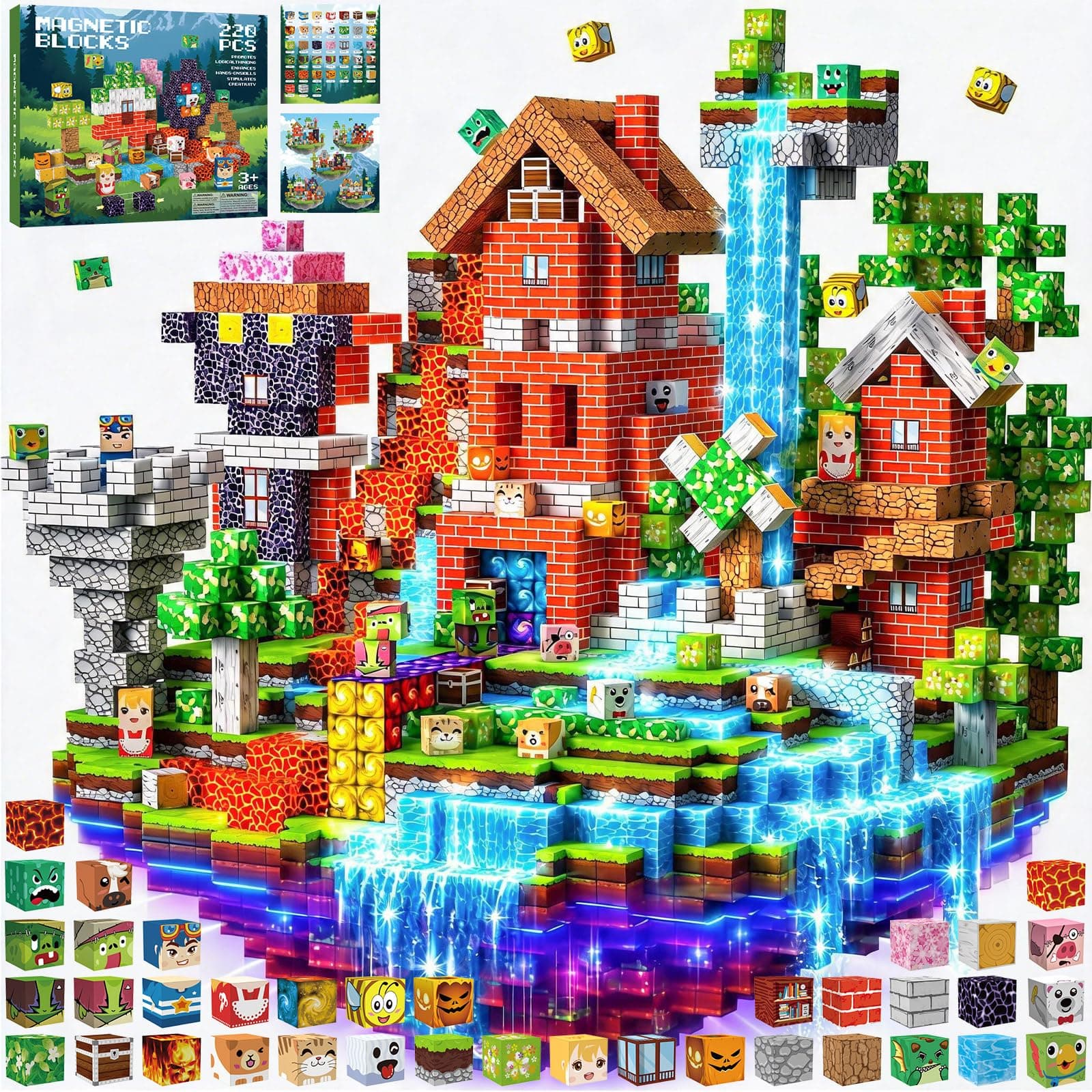 Bloques Magneticos Construccion Niños 220 Piezas 2CM 3+ Magneticas, Juego Magnetic Blocks Tiles Construcción, Juguetes Montessori para Niños 4 5 6 7 8 9 10 11 12 Regalos de Cumpleaños para Niñas