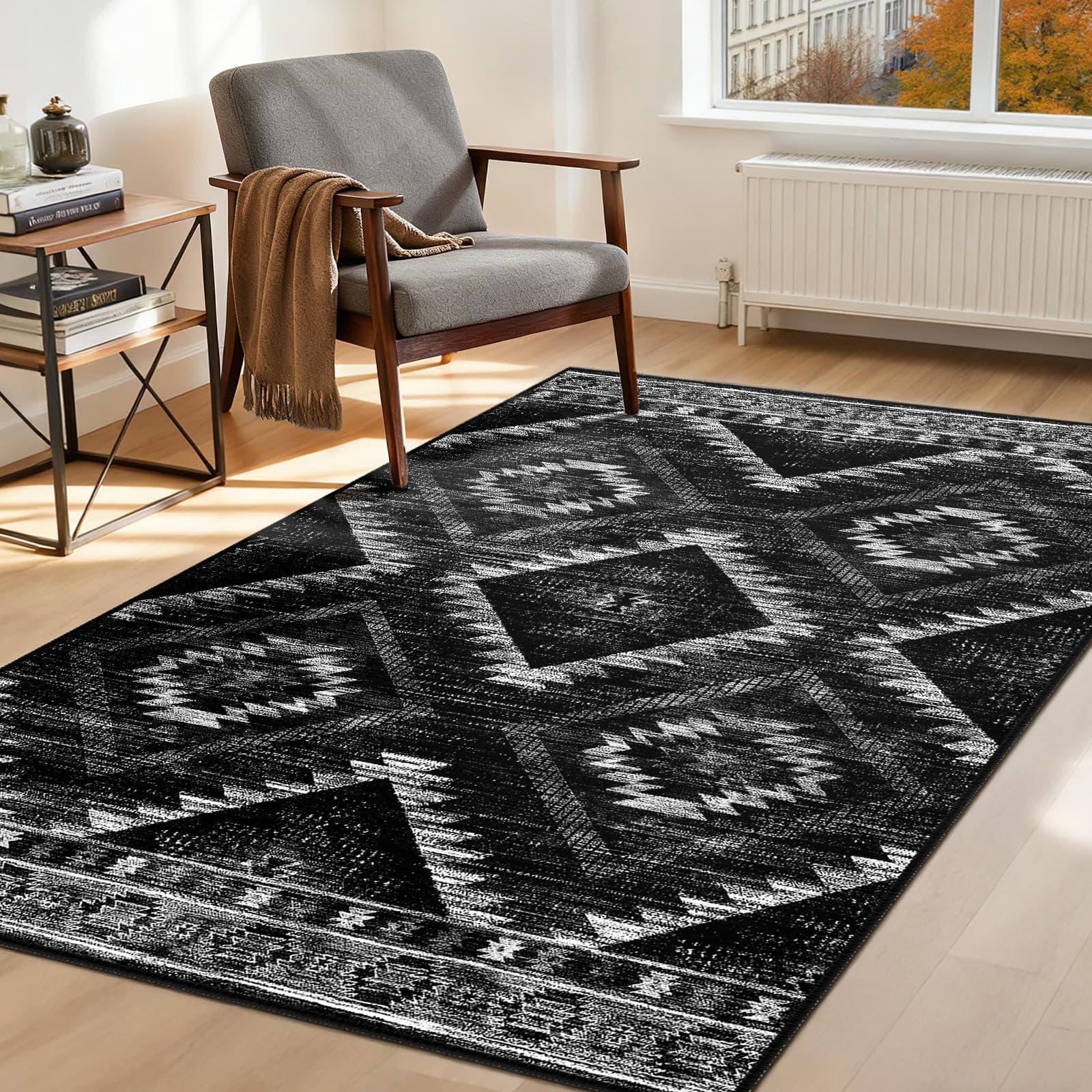 DEFYNEE Tappeto per soggiorno 120x180 cm, Tappeto lavabile, a pelo corto, antiscivolo, facile da pulire, tappeto vintage e boho per ingresso, cameretta dei bambini, camera da letto, ufficio, Nero
