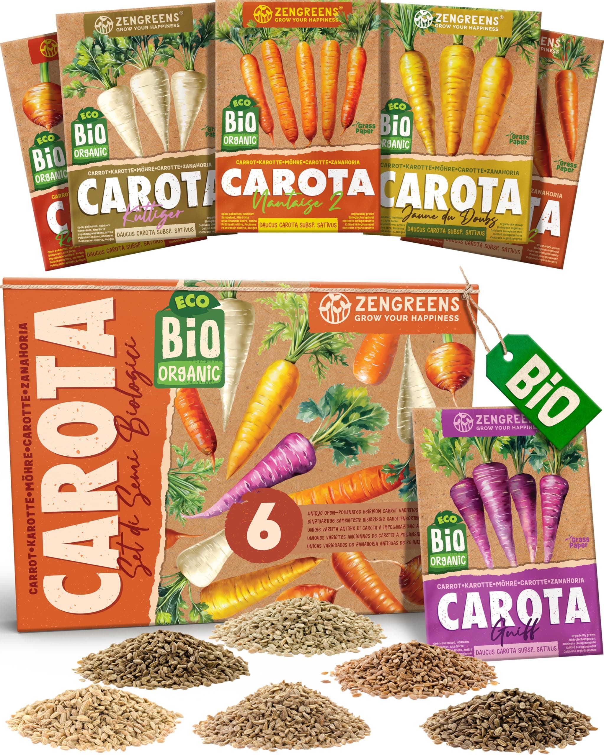 ZenGreens® - Set di Semi di Carota bio (6 pezzi) - 6 Semi di Carota per Coltivazione Facile in Giardino, Balcone o Serra - Semi da Piantare - Sementi
