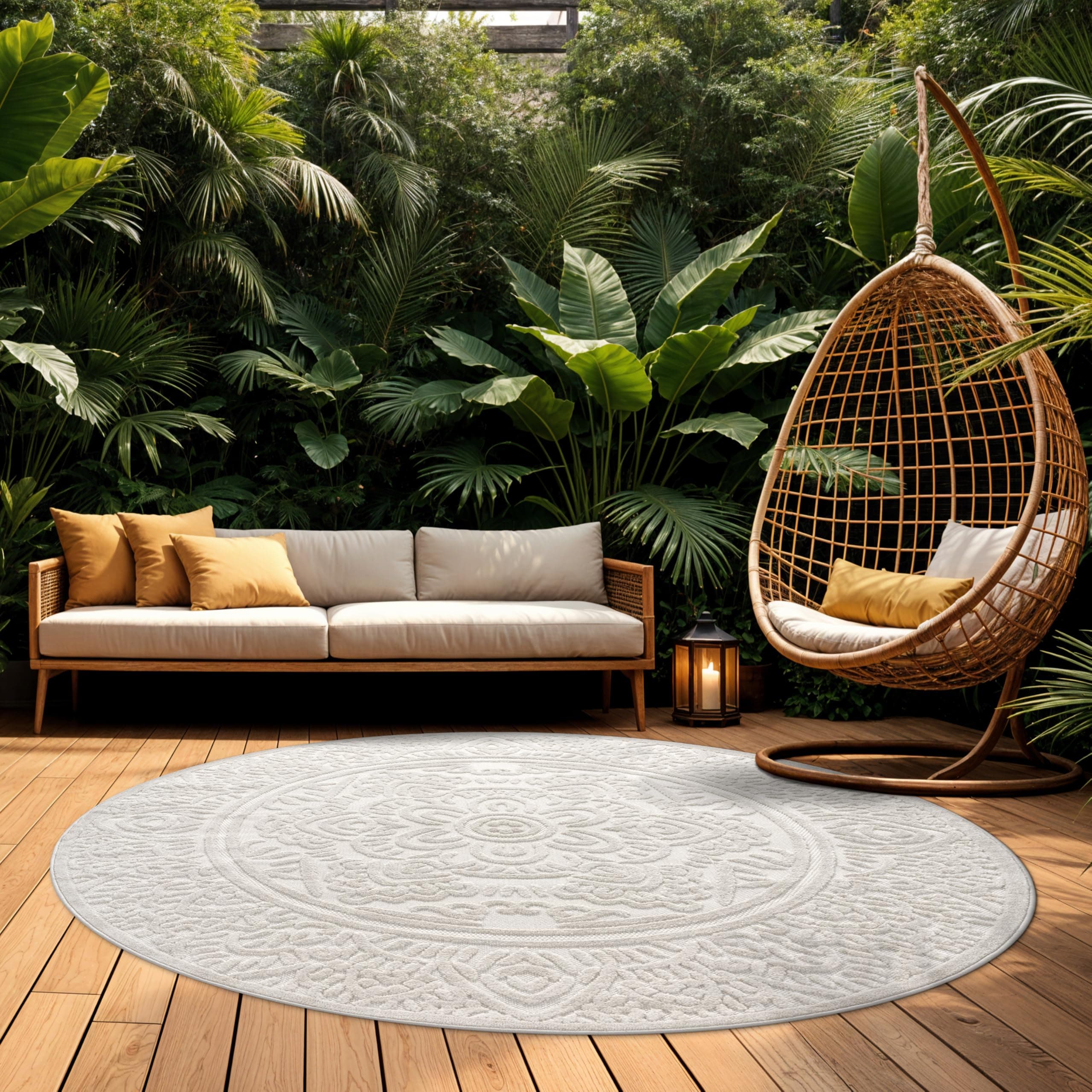 Paco Home Teppich In- & Outdoor, Moderne abstrakte Boho Designs mit 3D Struktur, robust & wetterfest, ideal für Terrasse Wohnzimmer & Küche, Grösse:160 cm Rund, Farbe:Creme 3