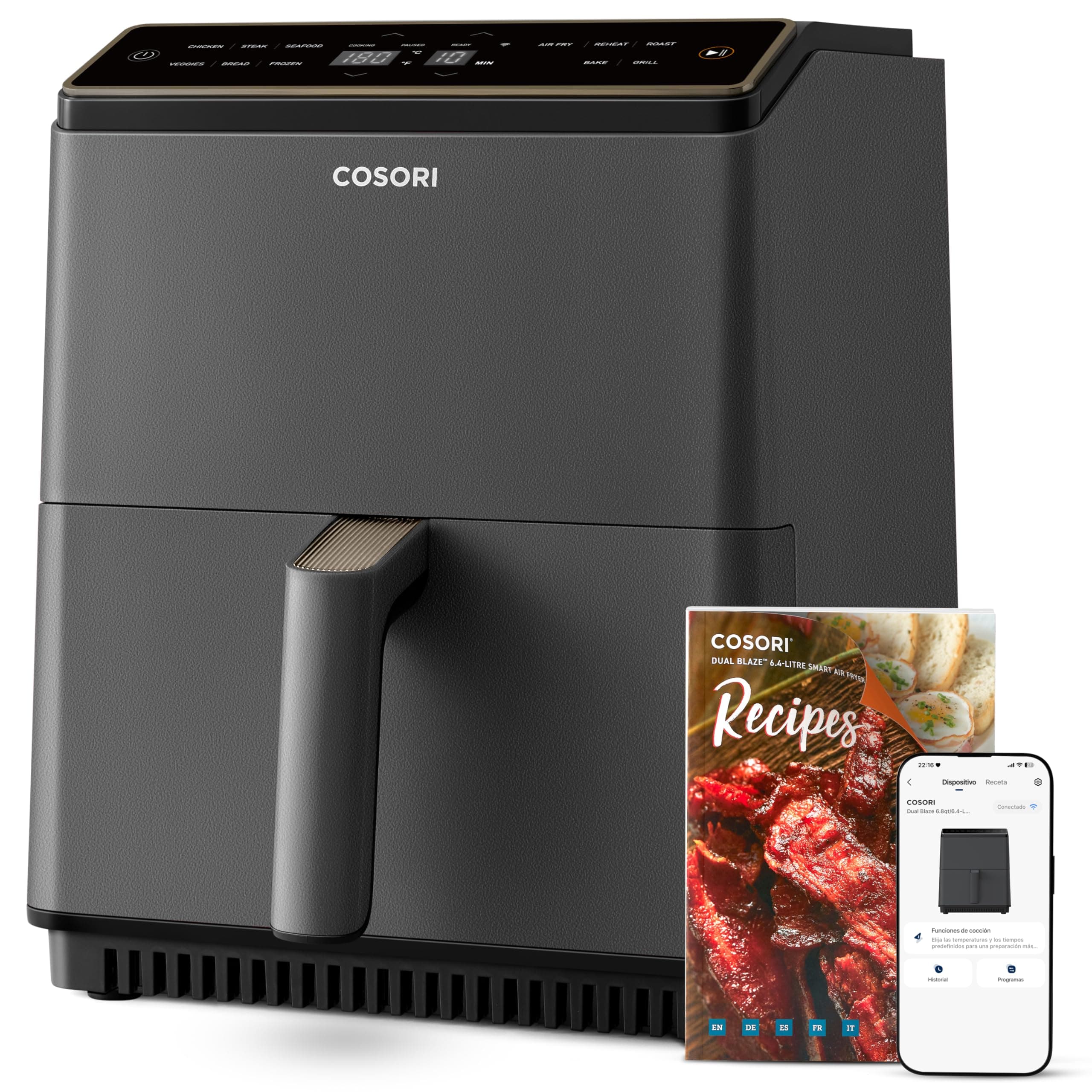 Cosori Dual Blaze Air Fryer WiFi 6,4L, Freidora de Aire sin Aceite 11 en 1, Temperatura y Tiempo Ajustables, 90+ Recetas en la App Creadas por Chef en Español, Apto para Lavavajillas, Gris