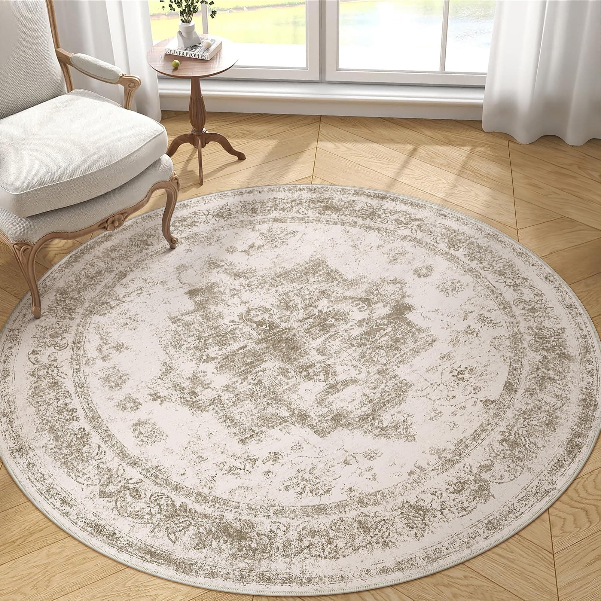 HUGEAR Vintage Tappeto Rotondo 180cm Beige Tappeti Soggiorno Antiscivolo Lavabile in Lavatrice Tapette Camera da Letto Sala Ufficio Bambina Bambino Pelo Corto Carpe