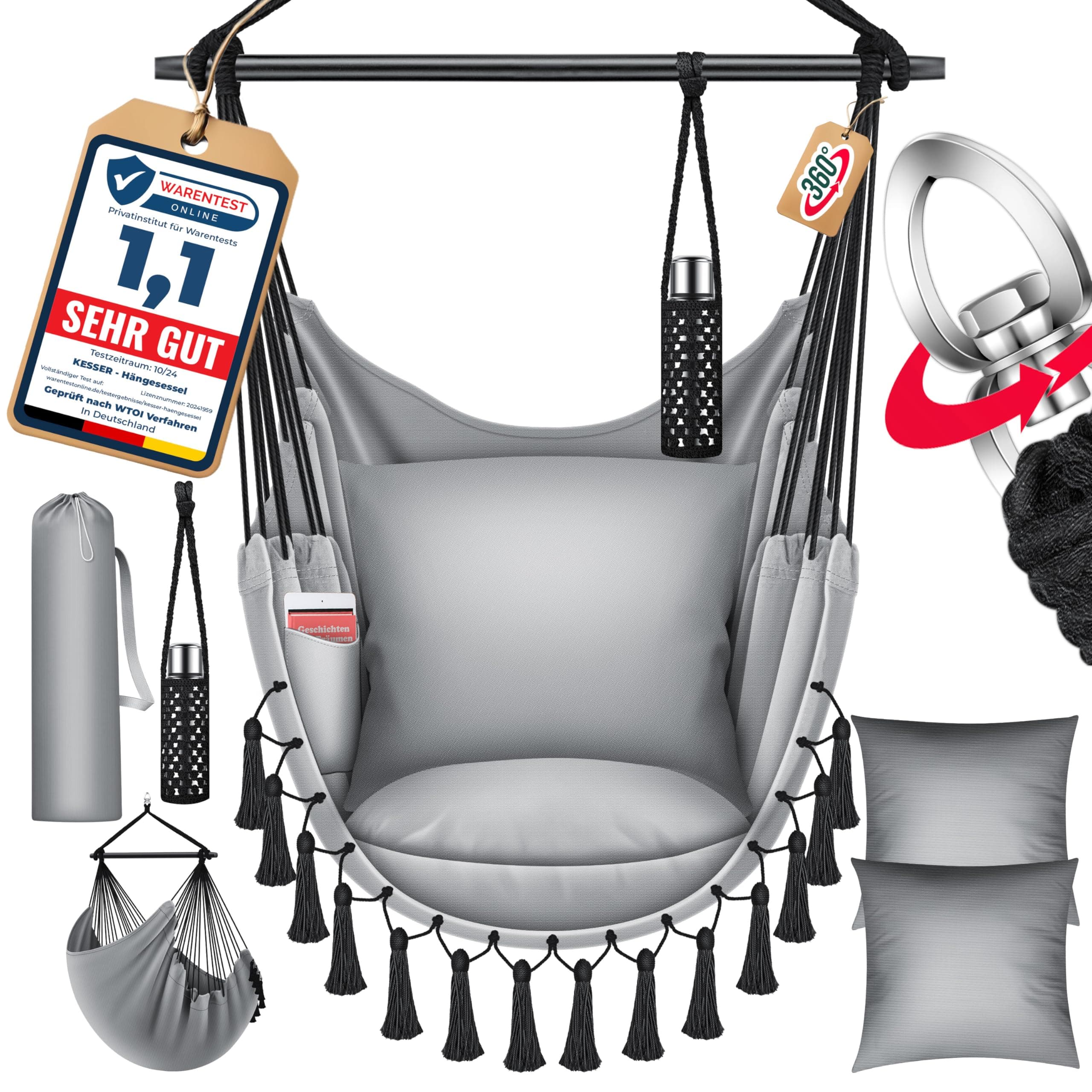 KESSER® Hängesessel Safari XXL Hängestuhl für Erwachsene & Kinder Hängematte bis 150 kg Hängesitz Aufhängung Indoor-Outdoor-Wohnen Inkl. Tragetasche, 2 Kissen, Getränkehalter & Bücherfach, Grau
