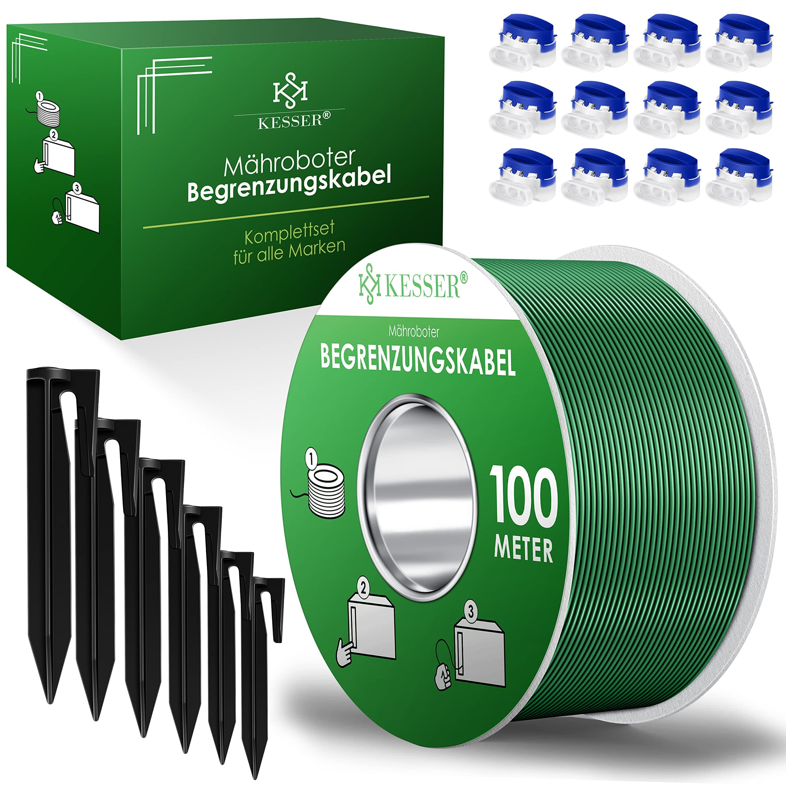 KESSER® Begrenzungskabel 100m + 350 Erdspieße + 12 Kabelverbinder für Mähroboter Rasenmäher Rasenroboter Zubehör Set Begrenzungsdraht Universal kompatibel mit Gardena/Bosch/Worx/Einhell/Honda/ROBOMOW
