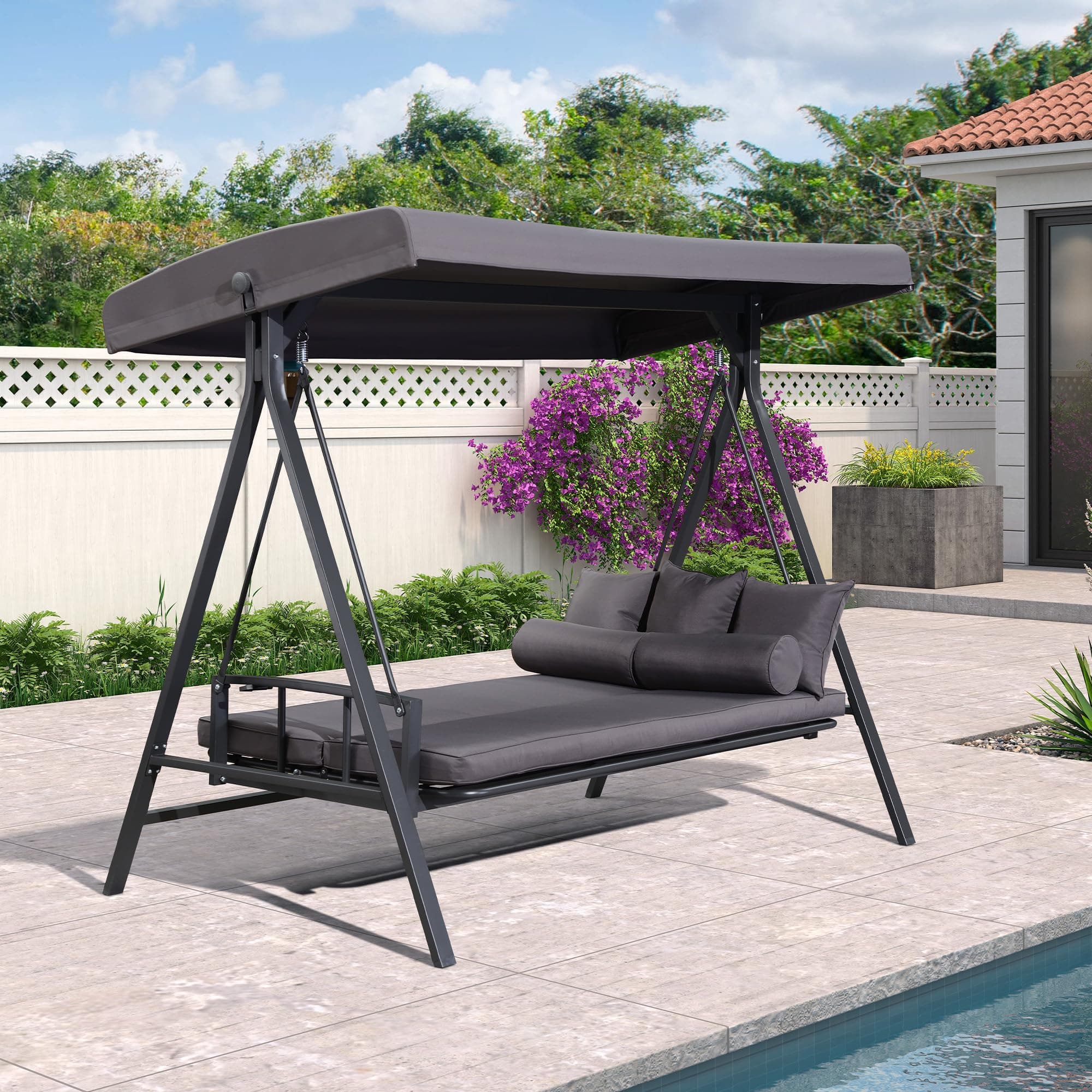 PURPLE LEAF Balancelle de Jardin 3 Places Toit Réglable, Convertible en Balancelle Lit, XL Balancelle Jardin Exterieur avec 5 Coussins, Poids Max 350kg, Gris