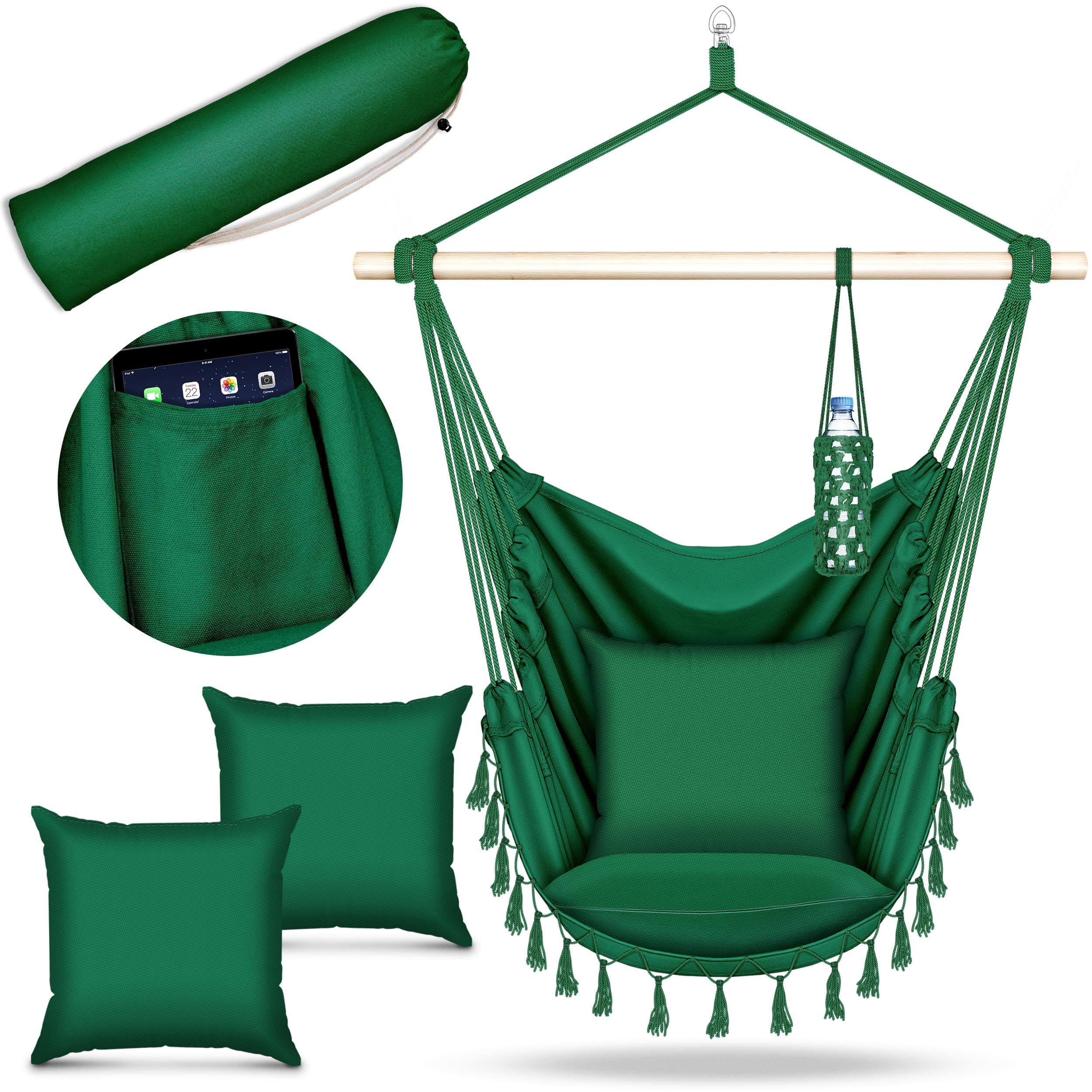 tillvex Poltrona Sospesa 200kg da Appendere | Amaca Sospesa Interno & Esterno | Sedia Appesa Resistente alle Intemperie | Poltrona Oscillante con Cuscino (Verde, Con 2 cuscini)