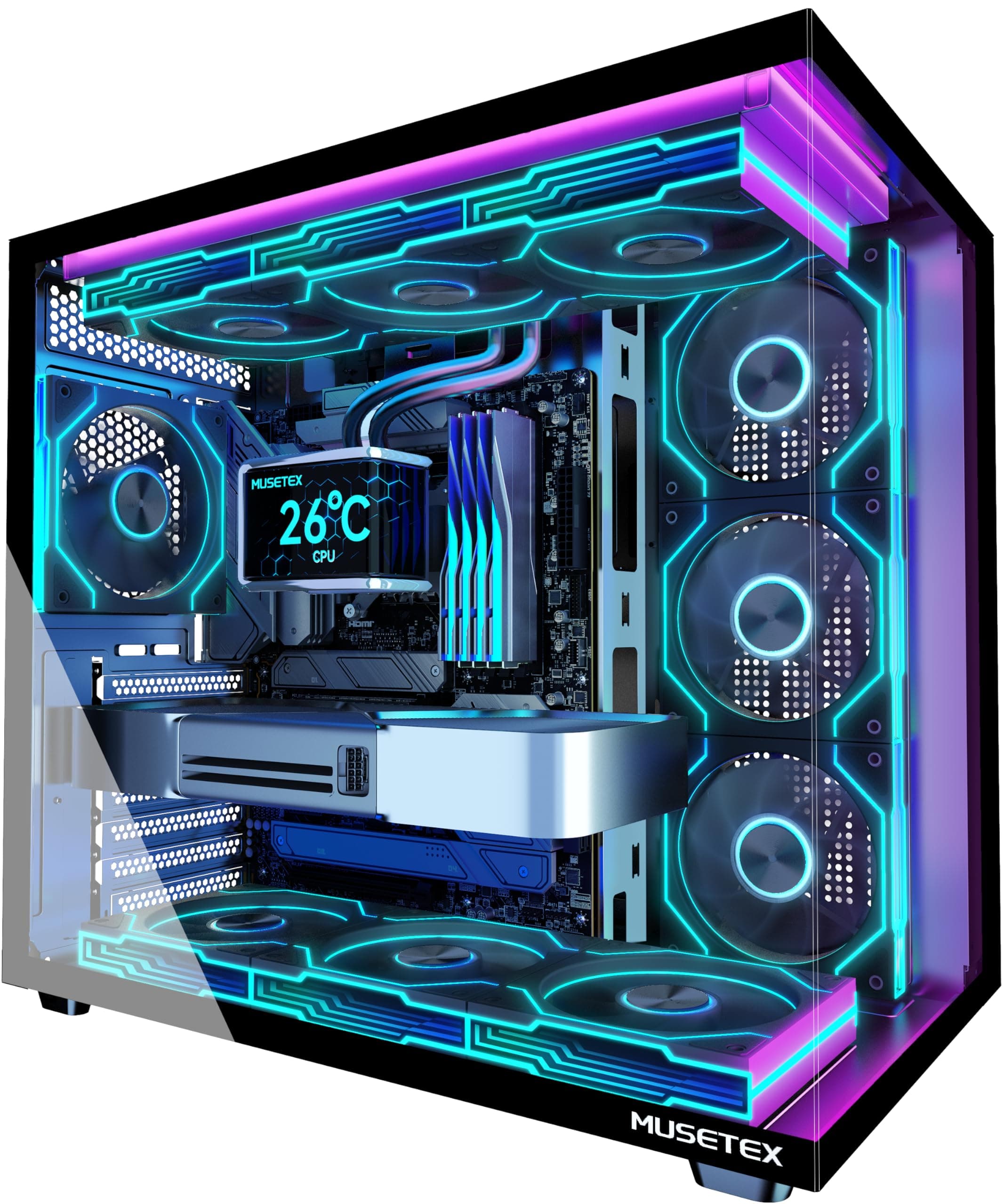 MUSETEX Y6 Boîtier PC, 7 Ventilateurs ARGB PWM Infinity Mirror préinstallés, Vue 270° en Verre Trempé, Connectique Type-C, Boîtier PC Gamer Mid-Tower ATX, Noir