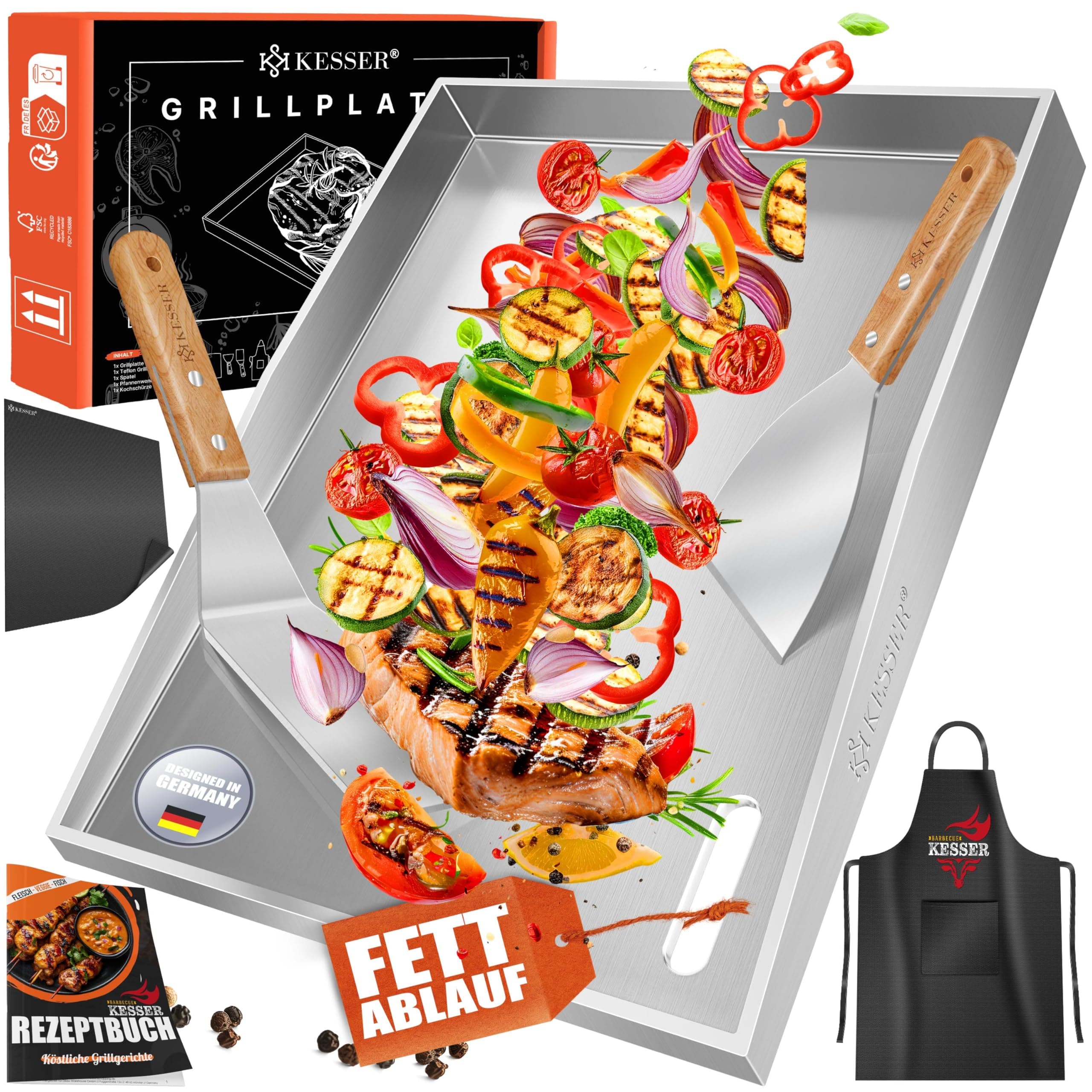 KESSER® Grillplatte Plancha aus Edelstahl 40x30cm rostfrei mit Fettablauf, hitzebeständig bis 800°C & Spülmaschinenfest für Gas & Holzkohlegrill inkl. 2 Spatel, Grillschürze, Grillmatte & Rezeptbuch