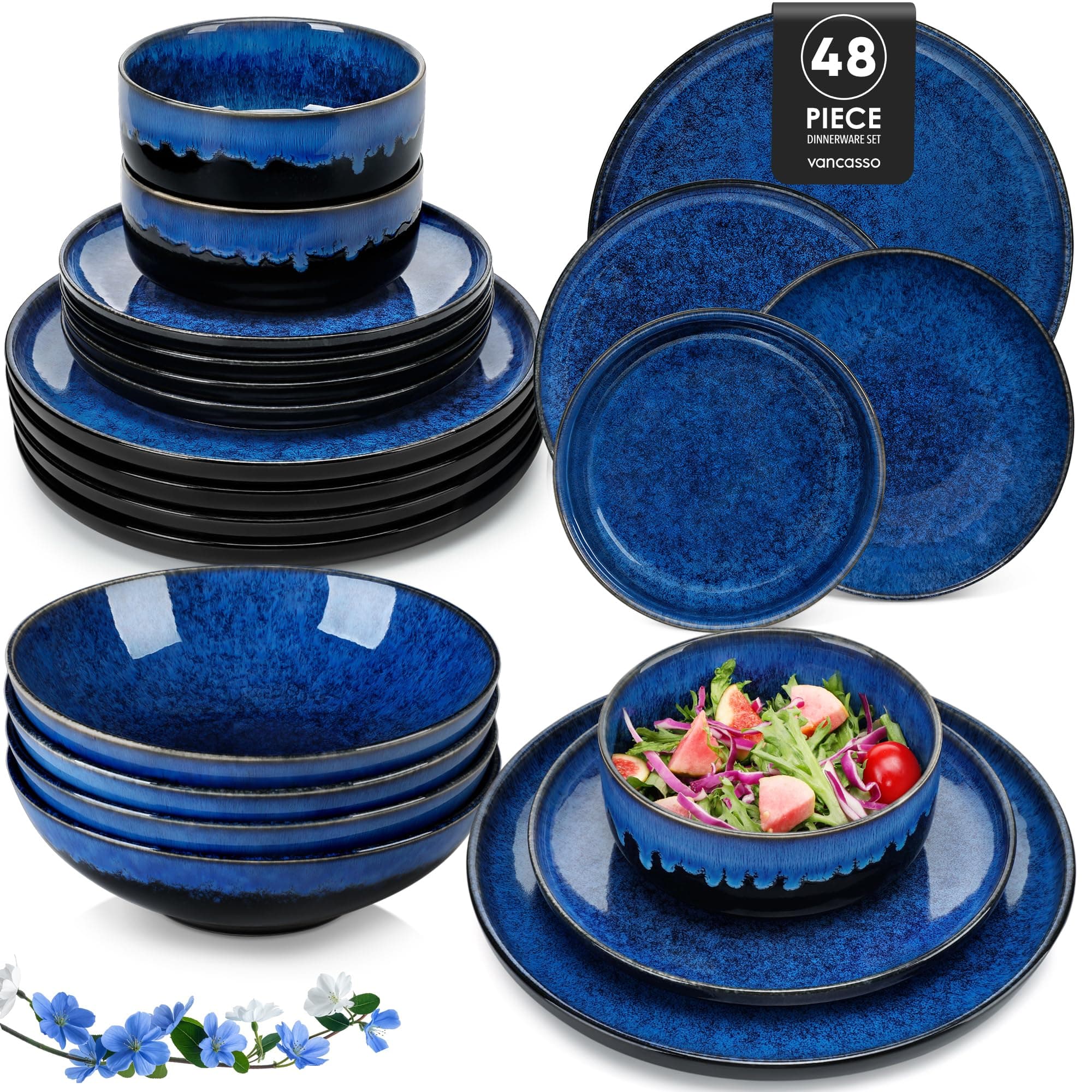 vancasso STARRY Juego de Vajilla Completa para 12 Persone, Vajilla 48 Piezas de Esmaltado Reactivo in Gres, con Platos Llanos, Platos de Postre, Ensaladeras y Tazones de Cereales, Vintage Azul