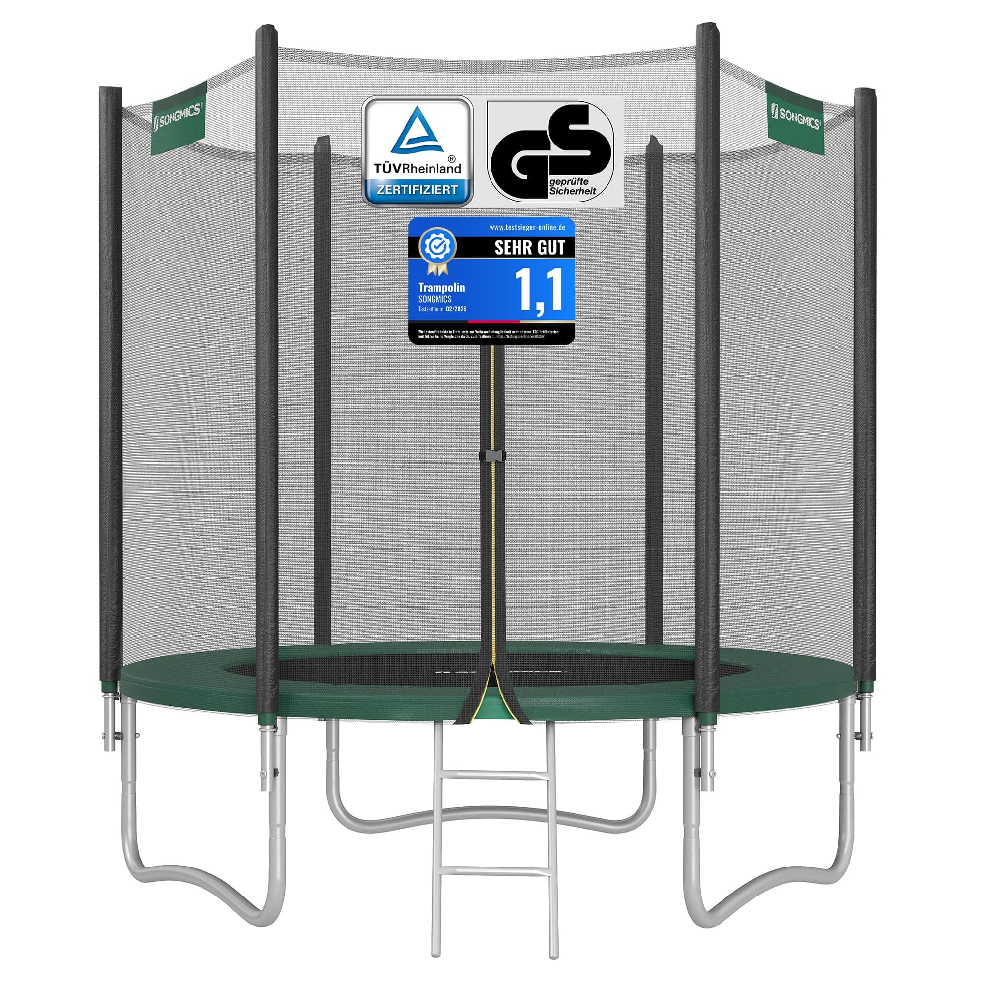 SONGMICS Trampolin Outdoor Ø 183/244/305/366/427 cm, rundes Gartentrampolin Kindertrampolin mit Randabdeckung, mit Sicherheitsnetz, mit Leiter und gepolsterten Stangen