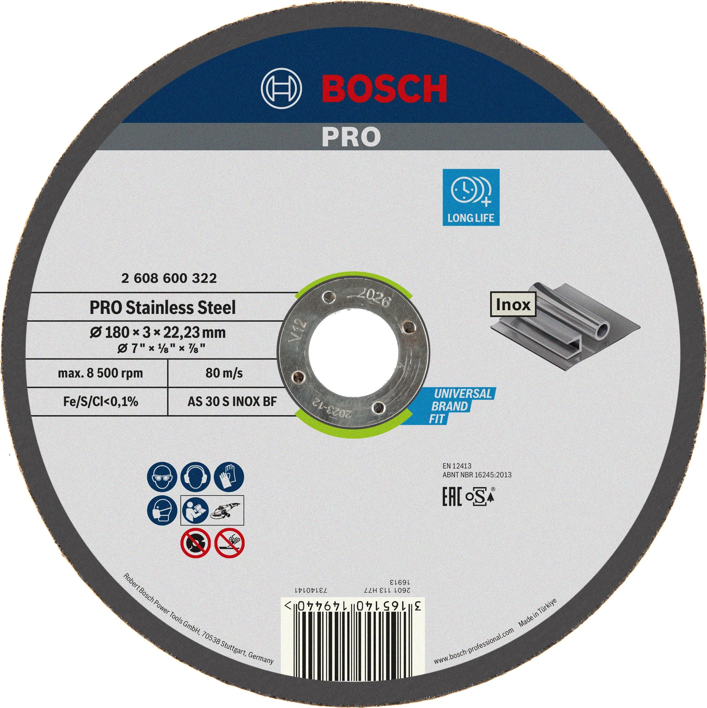 Bosch 1x PRO Stainless Steel Longlife Trennscheibe für große Winkelschleifer und 22,23‑mm-Bohrung (für Edelstahl, Ø 180 mm, Professional Zubehör Großer Winkelschleifer)