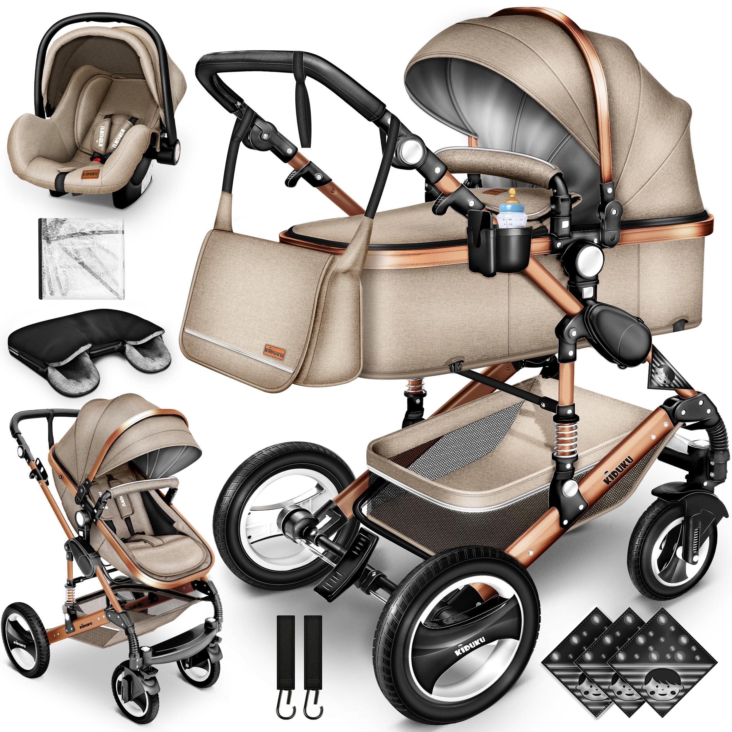 KIDUKU® Carrito de Bebé 3 en 1 | Silla de Paseo para Niños | Carricoche de 3 Piezas | Capazo, Cambiador, Cubrepiés | Sillita Coche Ligera Infantil ECE R129