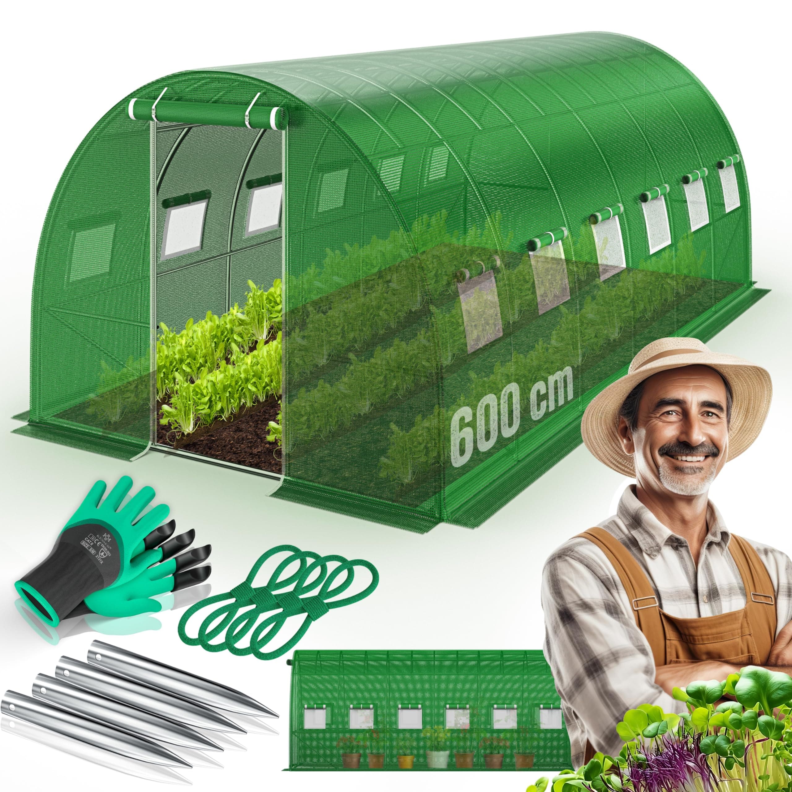 KESSER® Serre en film stable avec 12 fenêtres avec moustiquaire et porte | Tunnel de jardin avec cadre en acier galvanisé | Tunnel en film 170 g/m² avec piquets d'ancrage au sol gants et cordes | 600