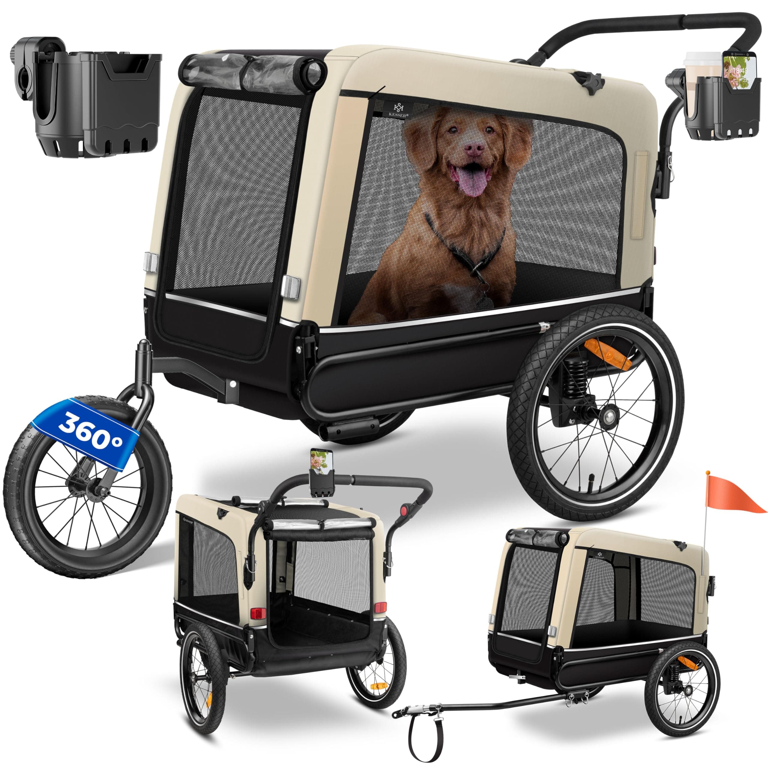 KESSER® Remolque para Perros 3-en-1 Buggy & Jogger Remolque para Bicicletas Grande Aprox. 240 litros de Volumen, montado sobre muelles, Material: Lona Oxford 600D, Carga máxima: 40 kg
