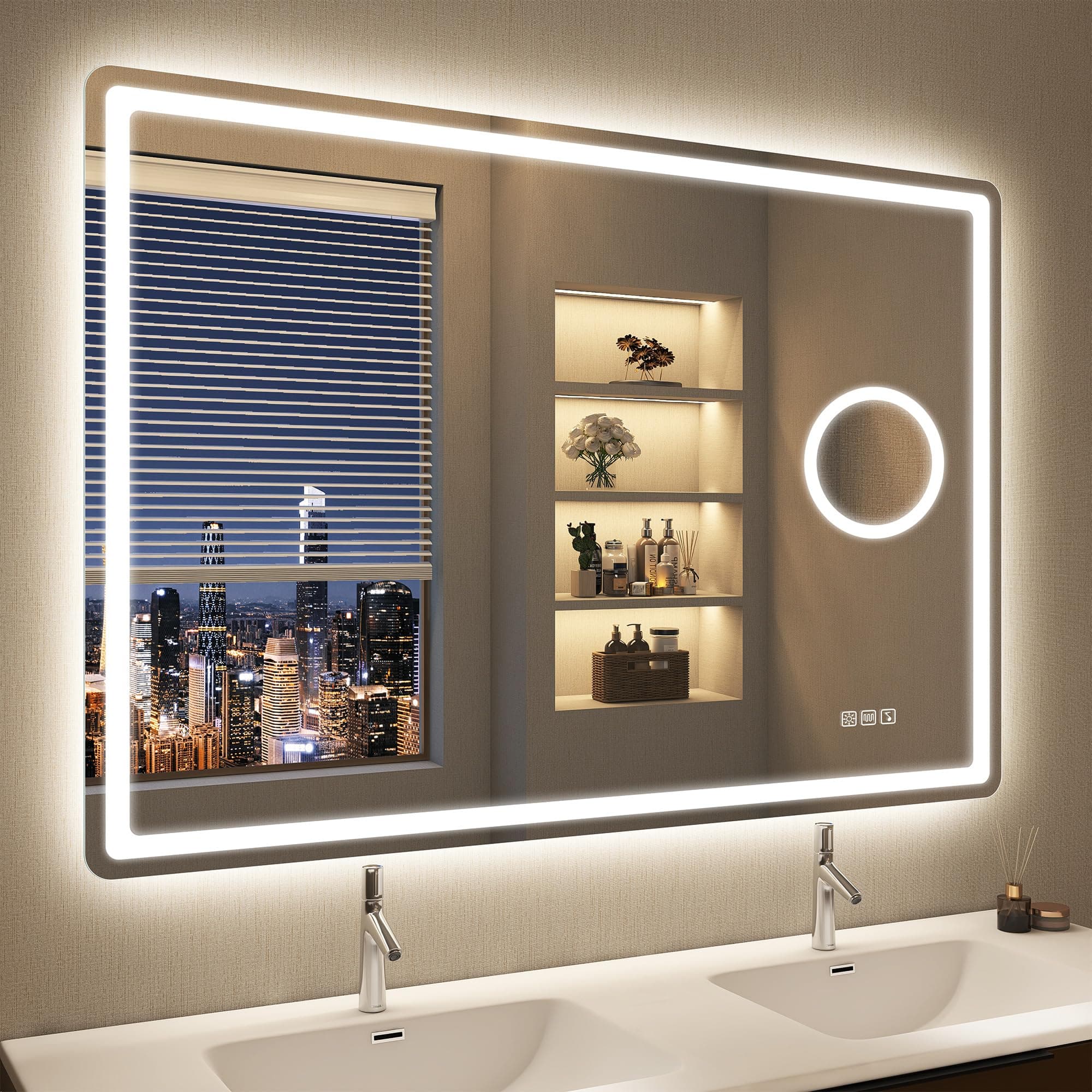 STARLEAD 100x70cm Miroir-Salle-de-Bain-avec-Éclairage et Bluetooth, Loupe 5X, 3 Couleurs Lumière, Anti-buée, Gradable, Mémoire, IP44 Etanchéité, Verre Trempé