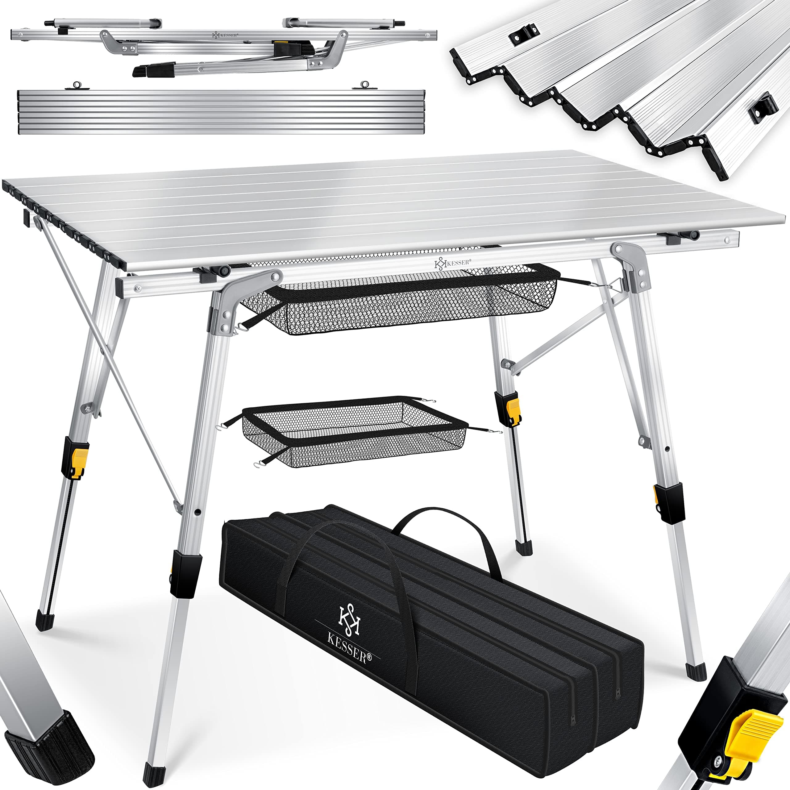 KESSER® Campingtisch faltbar Klapptisch mit Aluminiumrahmen Aufrollbare Tischplatte Falttisch klappbar Höhenverstellung 90x53cm - bis 100kg inkl. Tragetasche mit Trageband & Netztasche, Silber