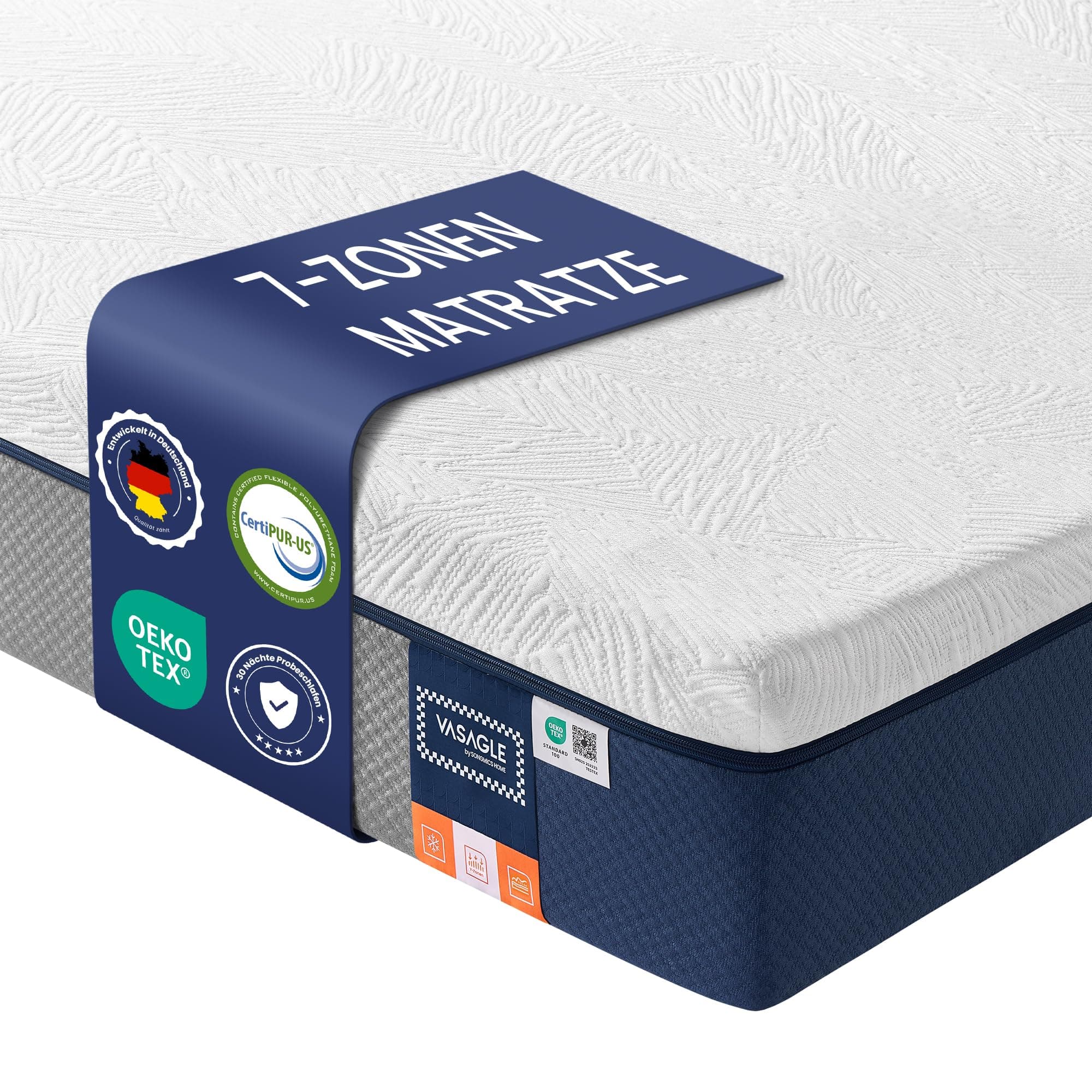 VASAGLE Matratze, 90 x 200 cm, Einzelmatratze aus Gel-Memory-Schaumstoff, mittelfest, H3, 7-Zonen-Unterstützung, atmungsaktiv, Abnehmbarer, maschinenwaschbarer Bezug, 20 cm dick, blau RMZ122QZ01
