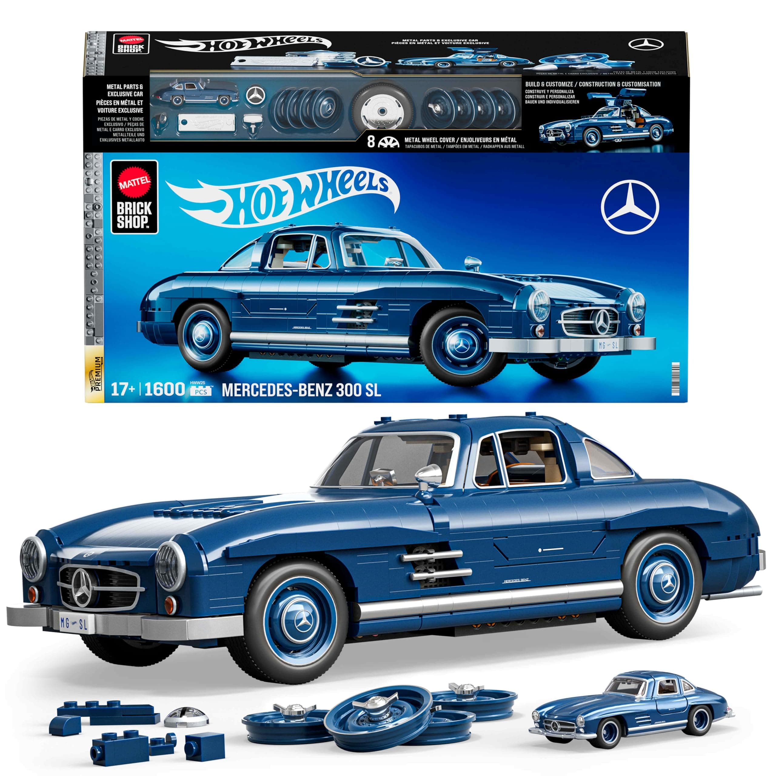 ​Mattel Brick Shop Hot Wheels Premium Serie Bauset, Mercedes-Benz 300 SL mit 1600 Teilen, realistischen Details und Metallteilen, erwachsene Sammler, HWW25, [Mehrfarbig]
