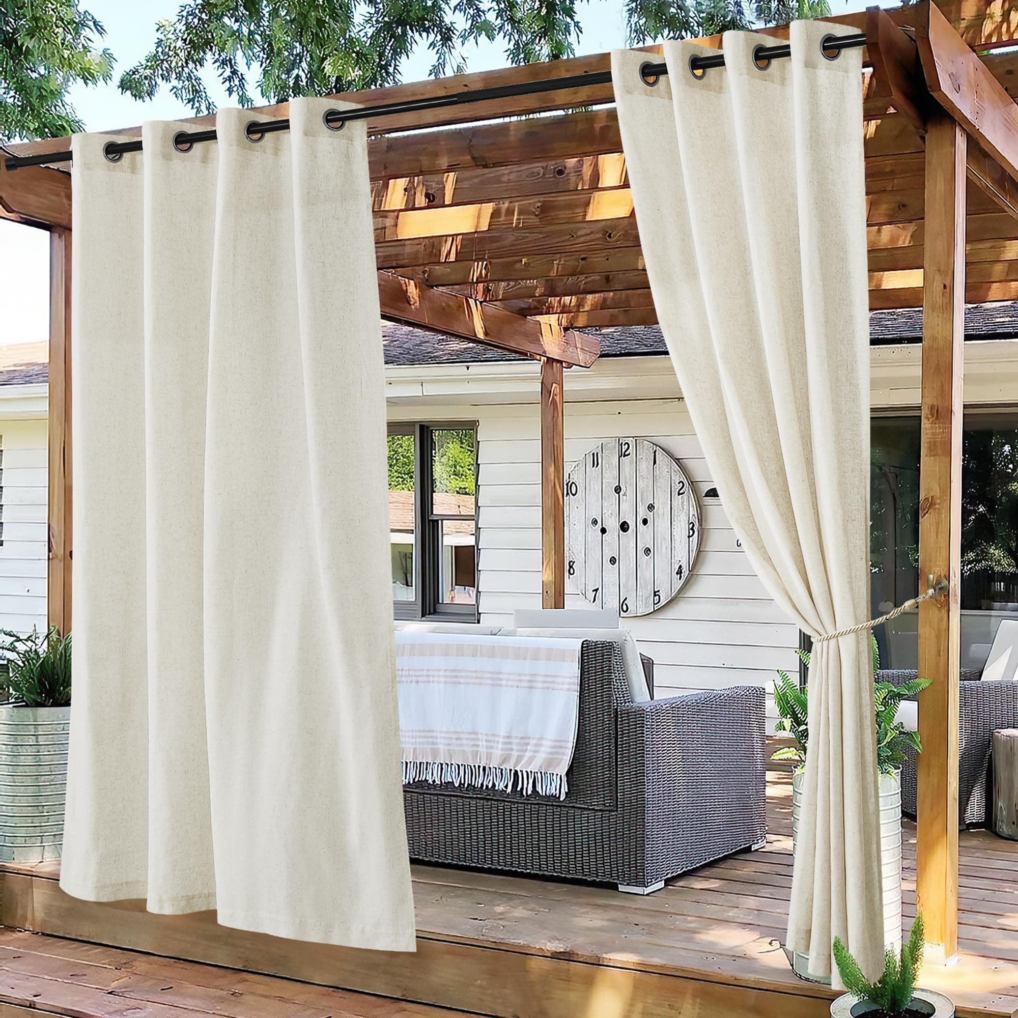 PONY DANCE Boho Vorhang Outdoor 2er Set H 243 x B 140 cm Outdoorvorhänge Leinen Natur Halbransparente Outdoor Gardinen mit Ösen Terrasse/Pavillon Vorhänge Wasserdicht, Beige