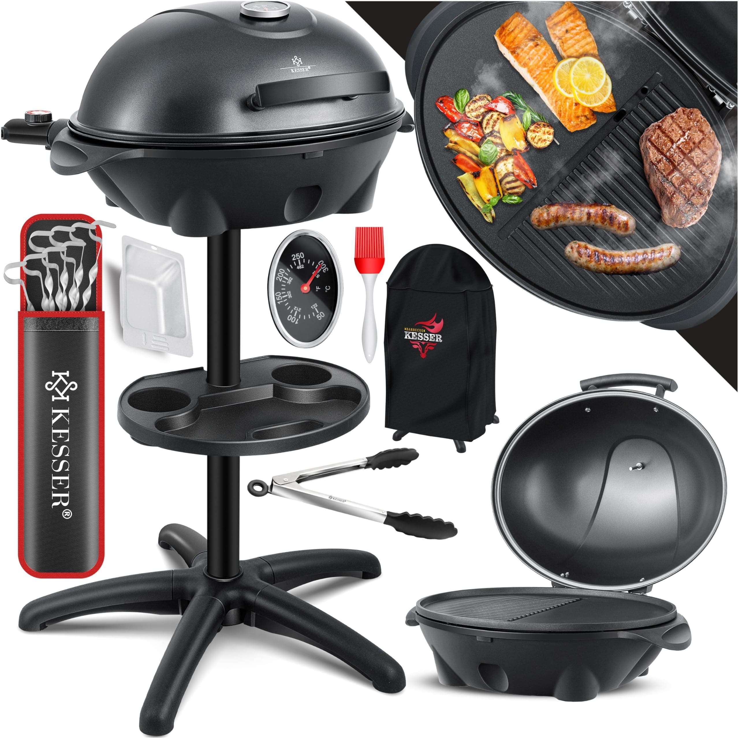 KESSER® Barbecue électrique 2 en 1, sur pied, couvercle, thermomètre, 2400 W, revêtement antiadhésif, plaque de cuisson XXL, rangement intégré