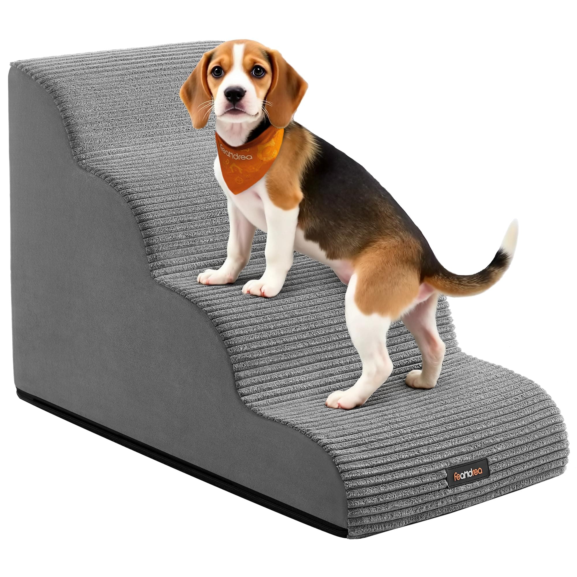 Feandrea Escalera para Perros de 4 Peldaños, para Cama, Sofá, Impermeable con Diseño Antideslizante, Pendiente Suave, Cubierta Lavable Extraíble, Asa, Gris Paloma PPS004G01