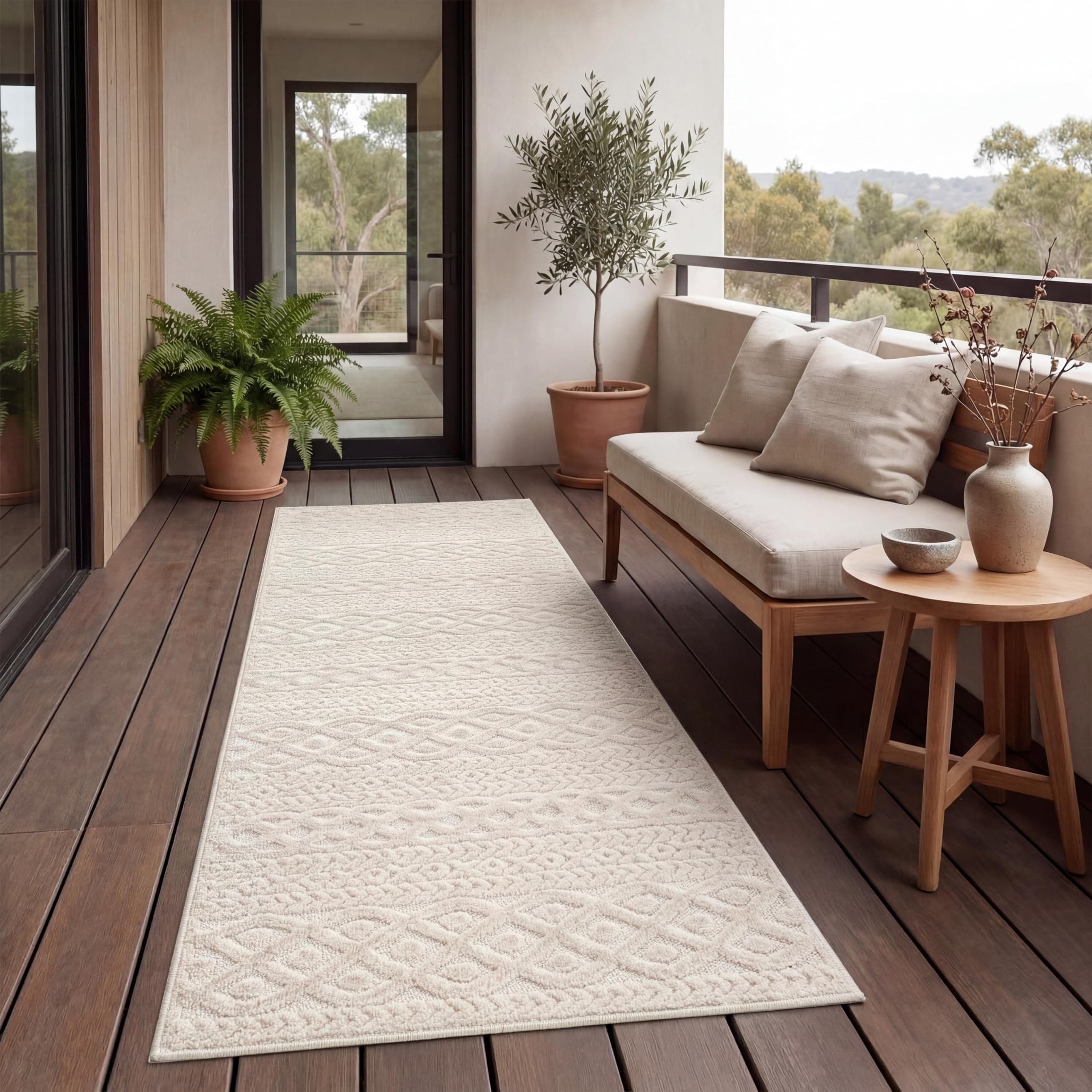 Paco Home Teppich Outdoor Wetterfest, Moderne abstrakte Boho Designs mit 3D Struktur, Pflegeleicht, ideal für Terrasse Wohnzimmer & Küche, Grösse:80x150 cm, Farbe:Creme 4