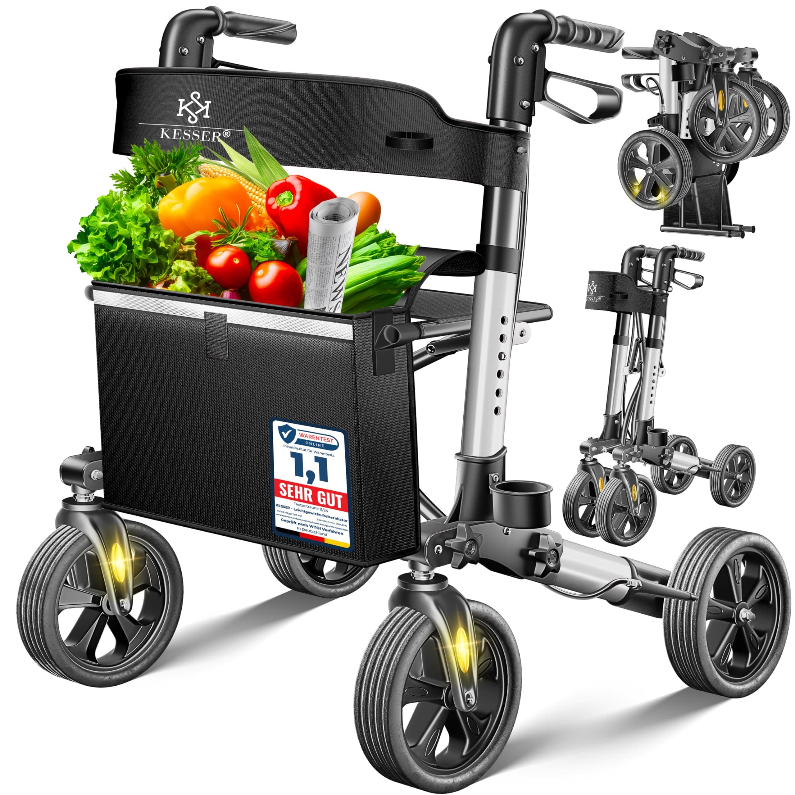KESSER Leichtgewicht Rollator faltbar mit Sitz, Griff, Tasche, schmal für Senioren Wohnung, Klappbar, Höhenverstellbar, Reflektoren | All Gelände Reifen Indoor-& Outdoor, Gehhilfe, Laufhilfe, Schwarz