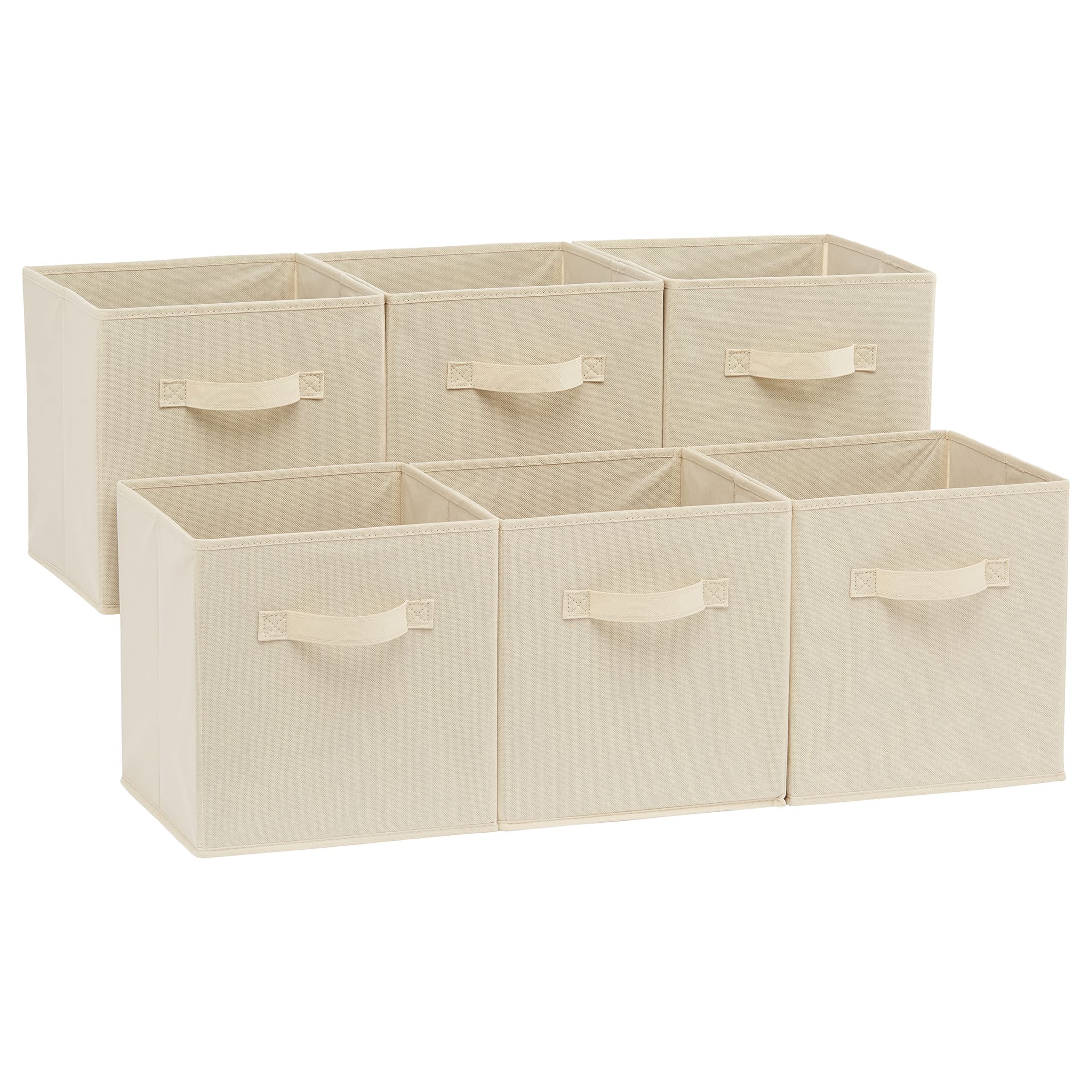 Amazon Basics Lot de 6 cubes de rangement pliables en tissu avec poignées, 26,6 x 26,6 x 27,9 cm, Beige Uni