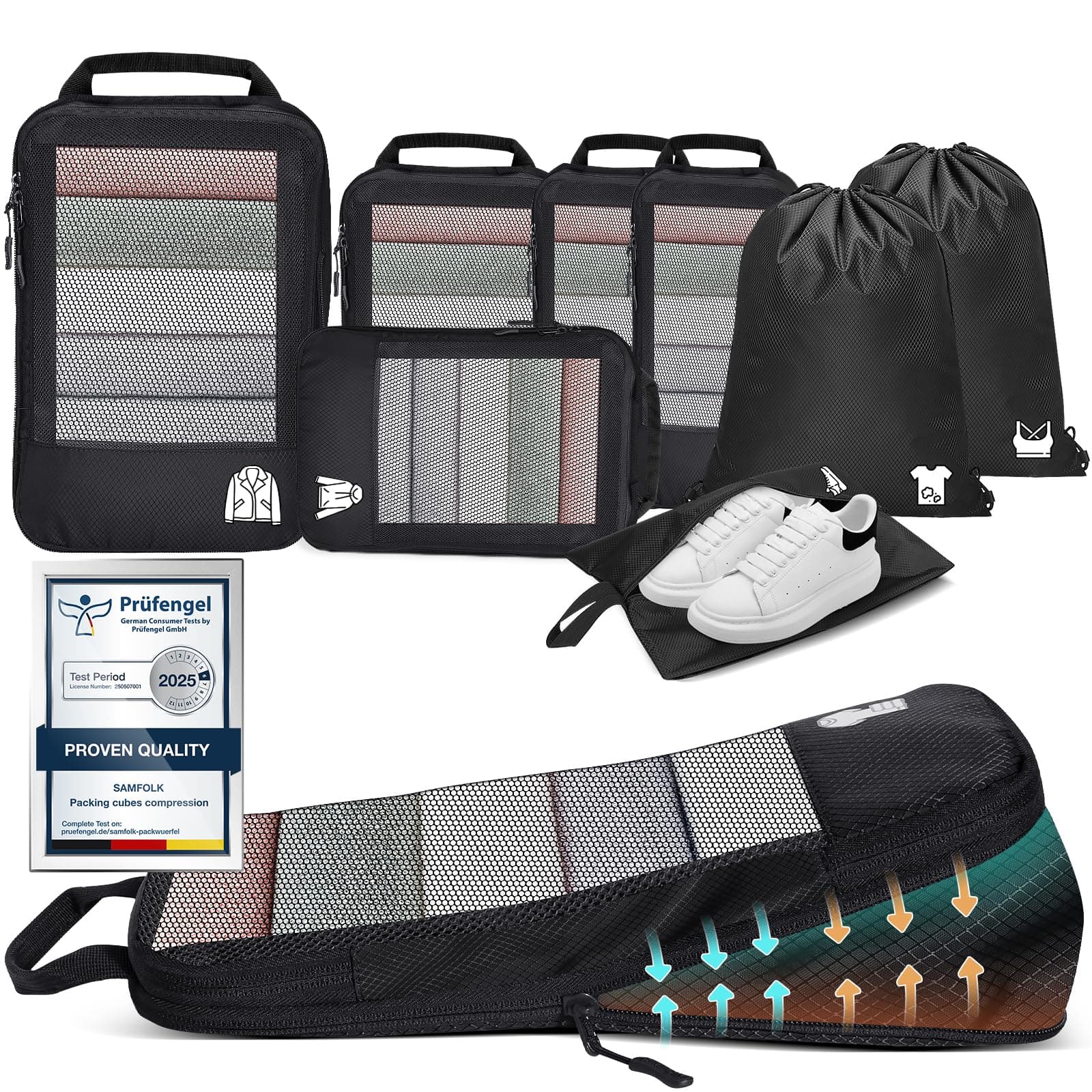 Sac Compression Voyage Organisateur Valise 8 Pièces, Packing Cubes Compression Rangement Valise Voyage Accessoires Noir