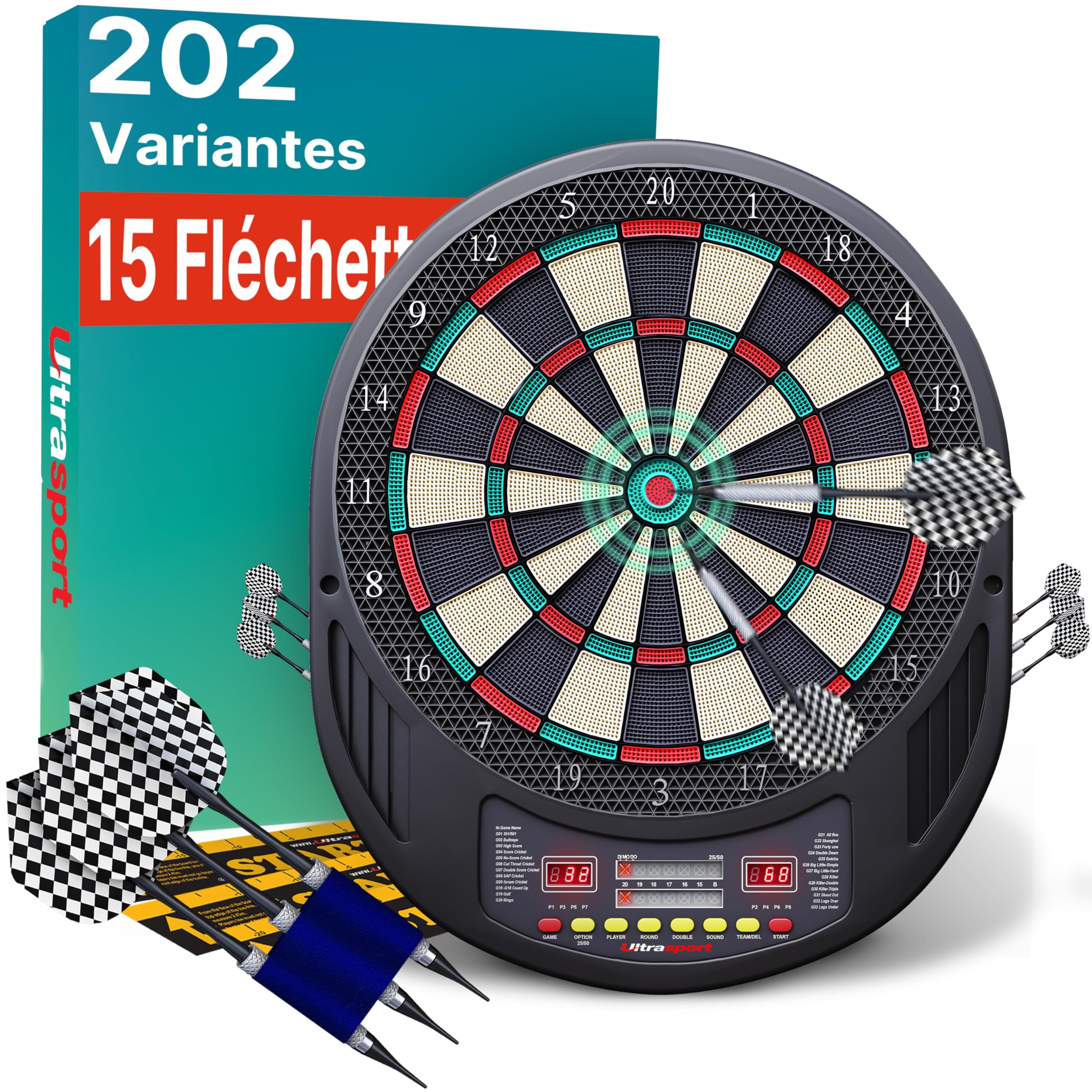 Ultrasport Cible de Fléchettes Électronique avec et sans Portes I Jeu de Fléchettes Électronique pour 1 à 8 Joueurs avec 15 Fléchettes, 15 Plumes, 100 Pointes de Fléchettes, 3 Lignes de Chute