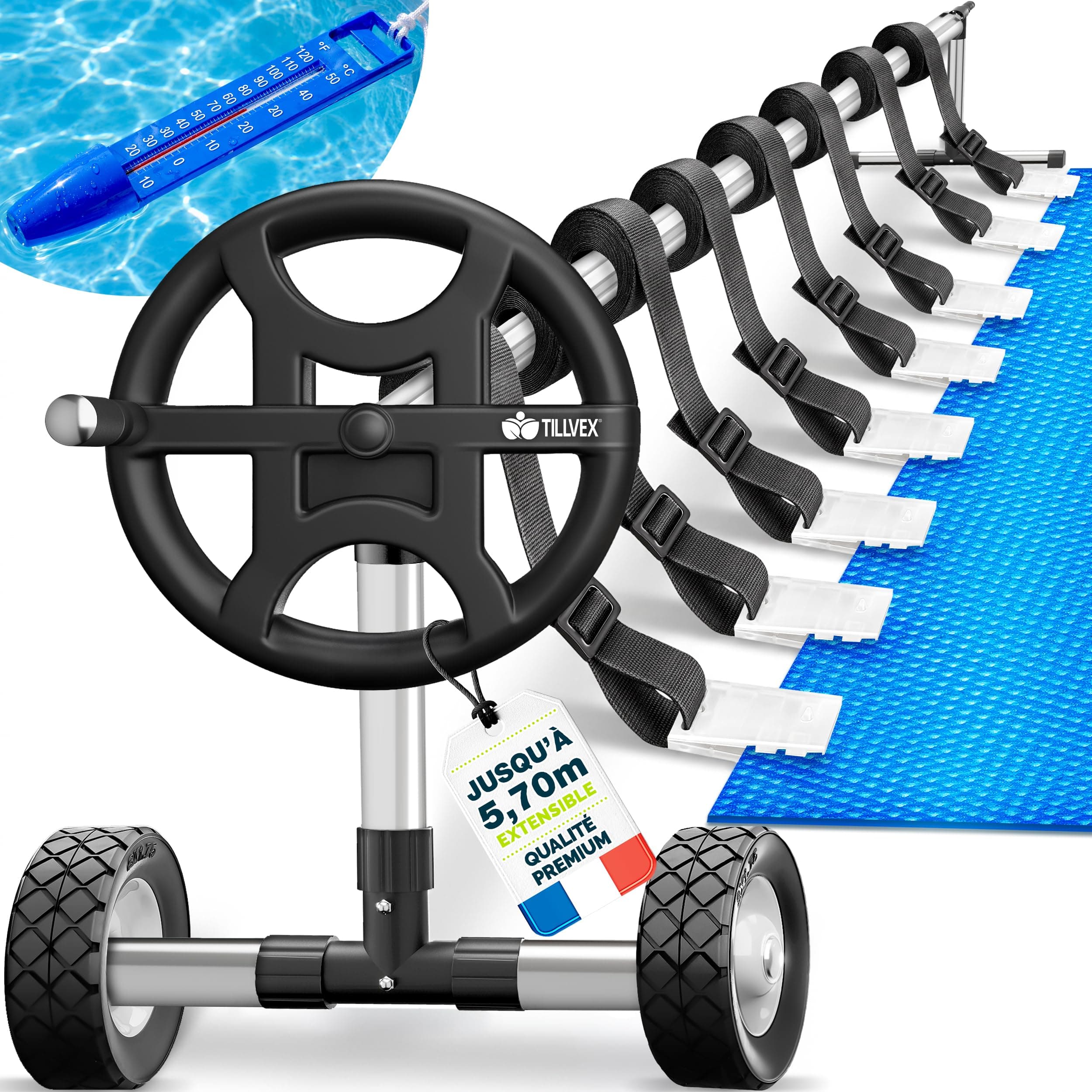 tillvex Enrouleur de Piscine 3-5,70 m avec pneus Pleins Thermomètre & Pattes de Fixation | Système d'enroulement pour bâche Solaire | Dispositif de déroulement pour bâche et Couverture de Piscine