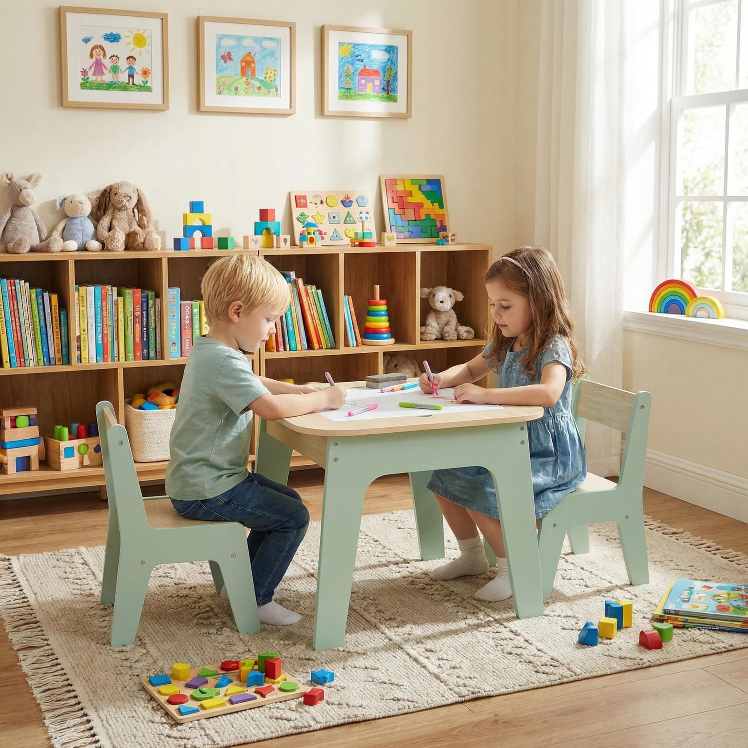 MAMIZO Tavolo per bambini con 2 sedie,Tavolino bambini con Lavagna & Contenitore,confezione da 2 sedie,Tavolo bambini con sedie, Mobili per Cameretta e Stanza dei Giochi,Tavolo e sedie,Verde