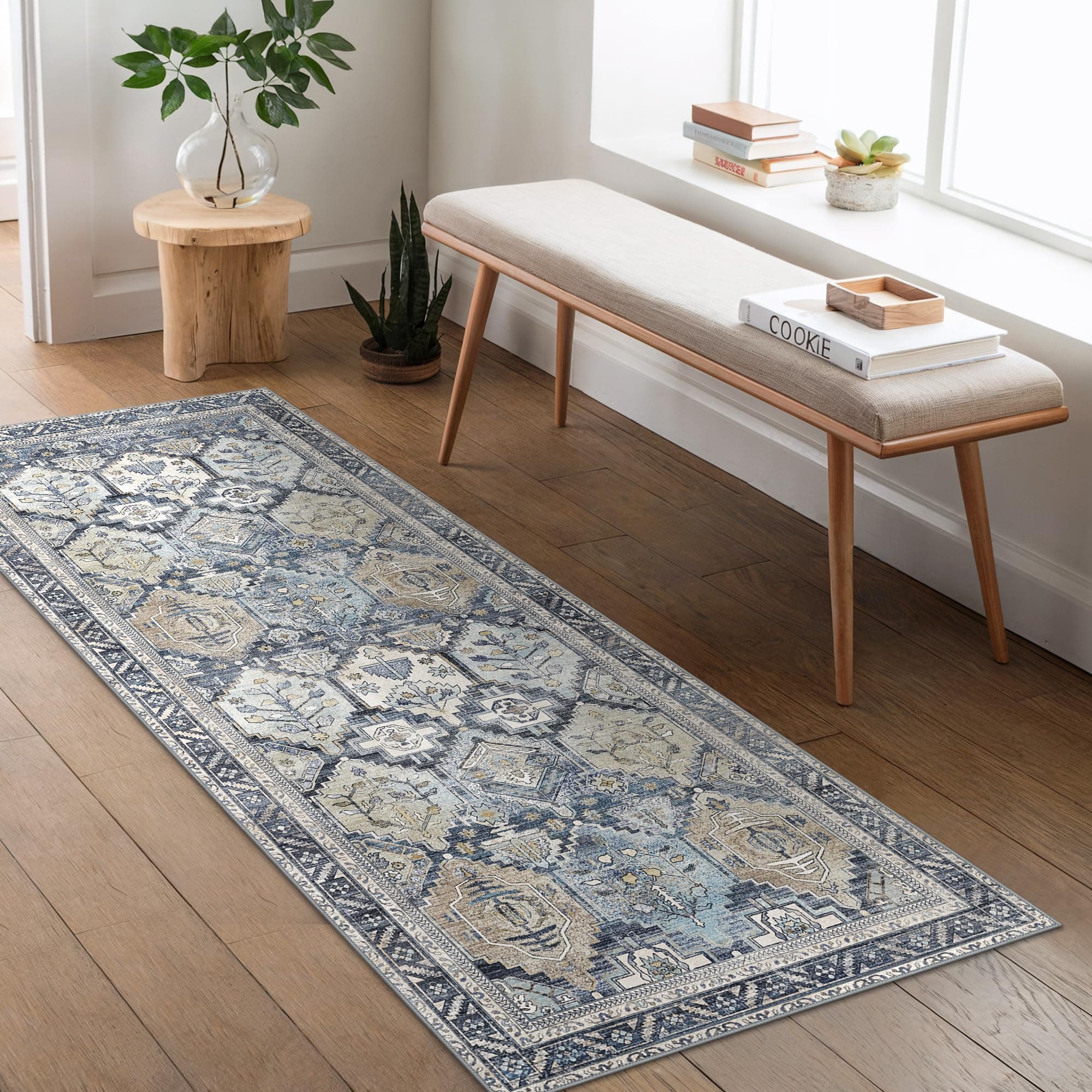 BEIMO Tappeto Salotto Vintage, Tappeto Camera Da Letto, Tappeti Ingresso Interno, Tappeto Antiscivolo Lavabile, Tappeti Persiano per Cucina, Soggiorno, Ufficio, Blu Navy, 60x150cm