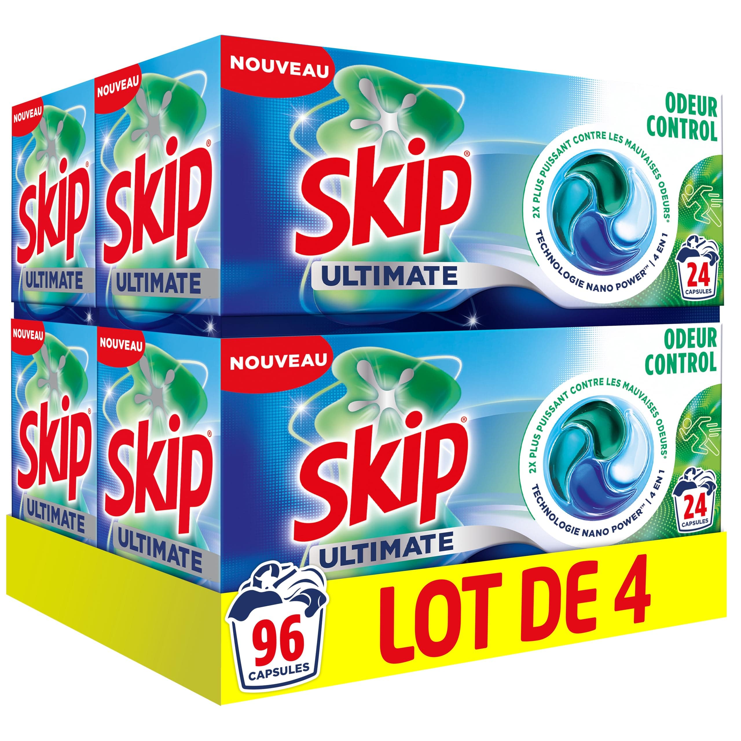 Skip Lessive Capsules Ultimate 4en1 Odeur Control - Technologie Nano Power Contre les Mauvaises Odeurs - Bouclier Anti-Odeur et Dissolution à Froid - Pods Lessive Efficace - 96 Lavages (4x24)