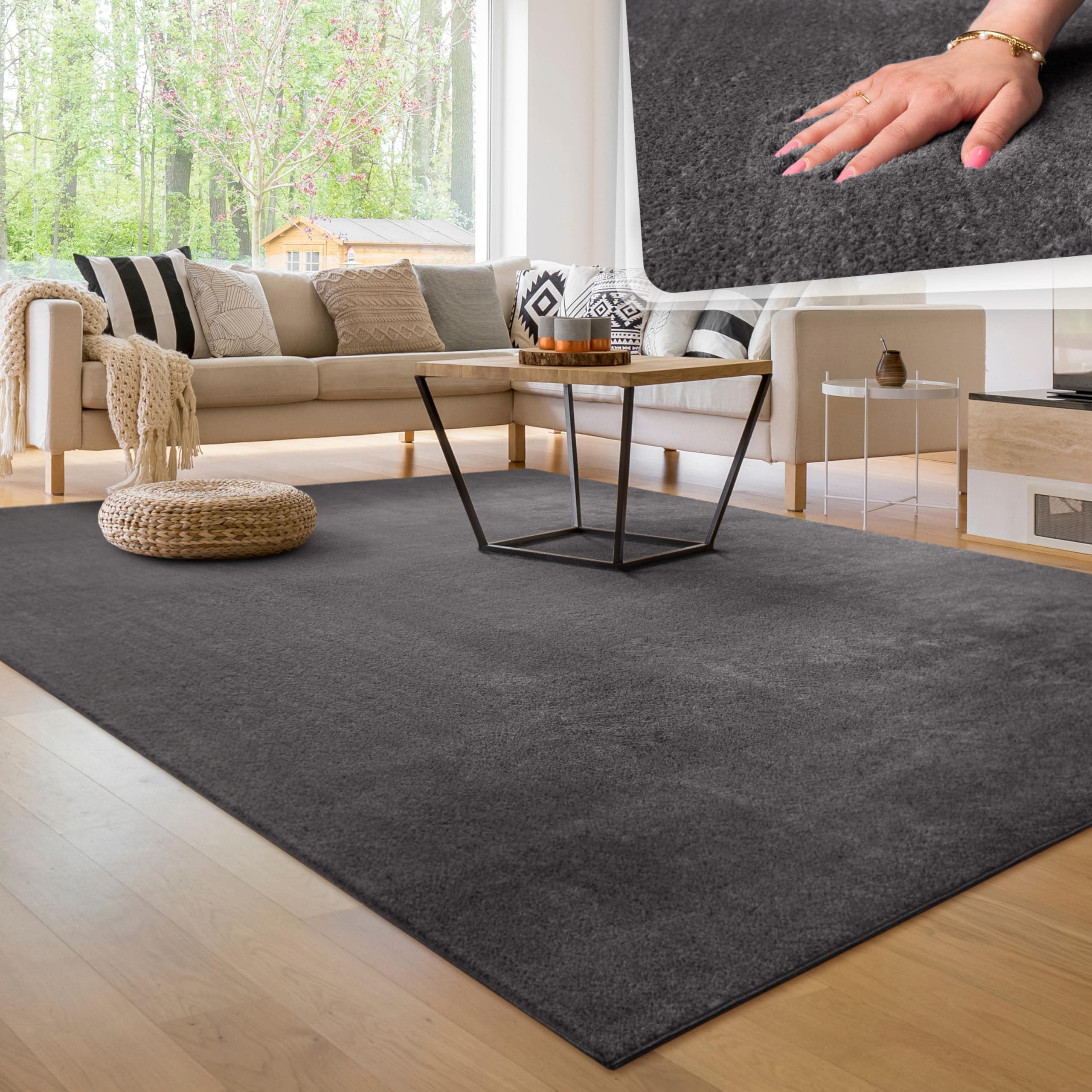 Paco Home Moderner Kuscheliger Wohnzimmer Teppich Kurzflor waschbar flauschig Weich Einfarbig Felloptik zeitlos stilvoll rutschfest pflegeleicht, Grösse:300x400 cm, Farbe:Anthrazit