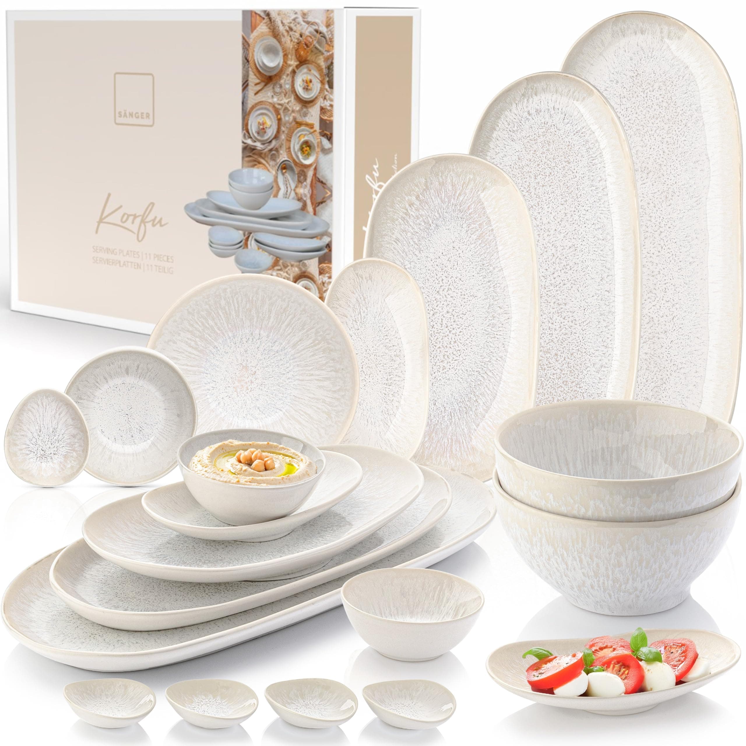 SÄNGER | Servierplatten Korfu 15 tlg, Schalen & Teller Set, Geschirrset Steingut inkl. Servierplatten & Müsli & Dipschalen, Servierset Spülmaschinenfest Creme sandige Maserung | PREMIUM COLLECTION