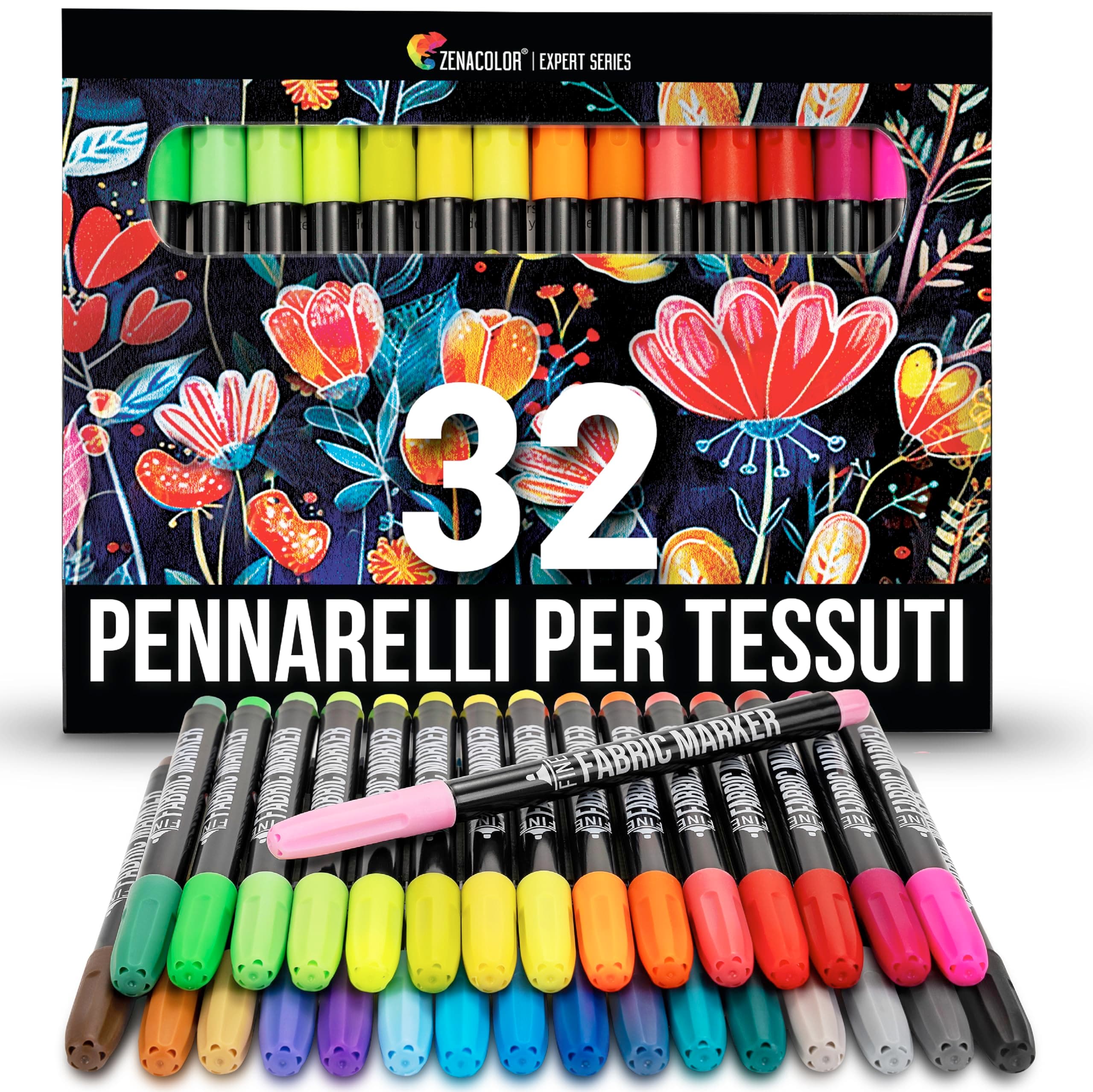 Zenacolor 32 Pennarelli per Tessuti - Colori per Tessuti Atossici, Indelebili e Permanenti a Punta Fine - Ideali per Magliette, Borse in Stoffa e altri Tessuti - Per Bambini e Adulti