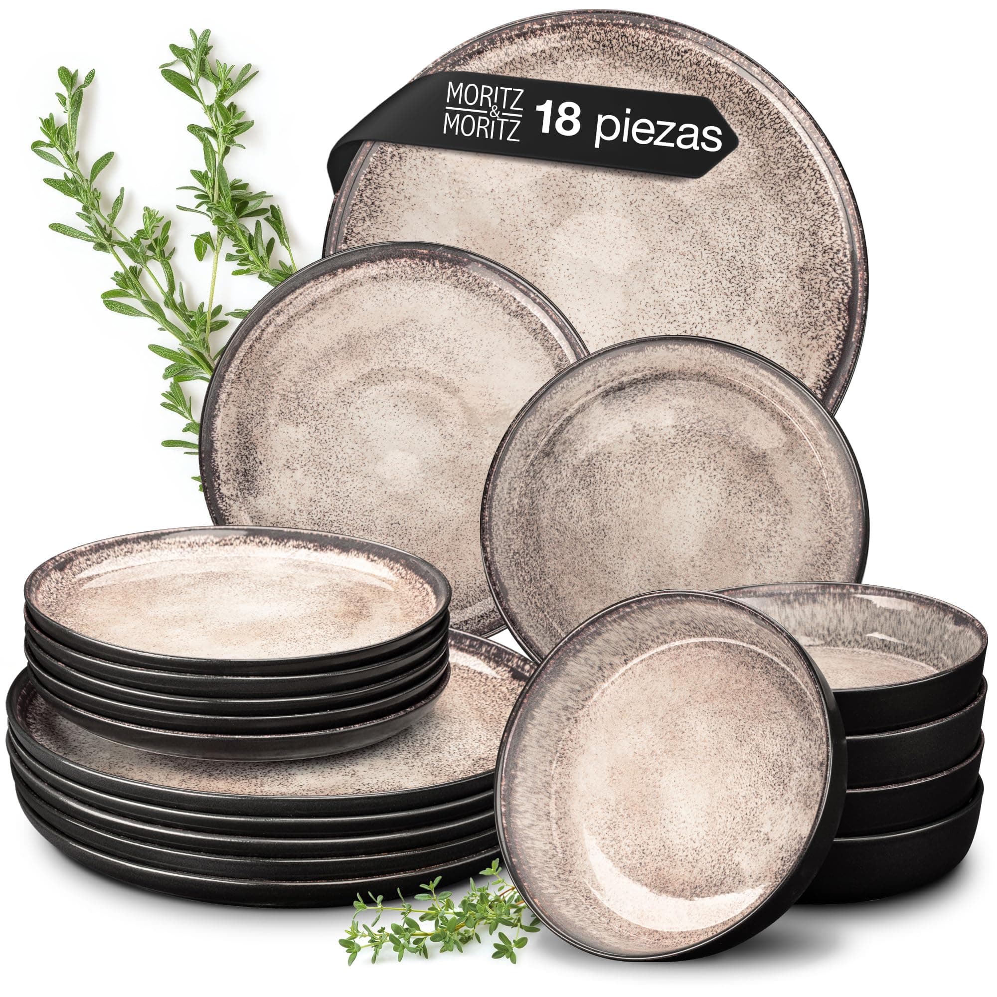 Moritz & Moritz VIDA Juego de 18 piezas de platos de mesa Juego de vajilla combinada en beige para 6 personas - de porcelana apta para el lavavajillas y el microondas