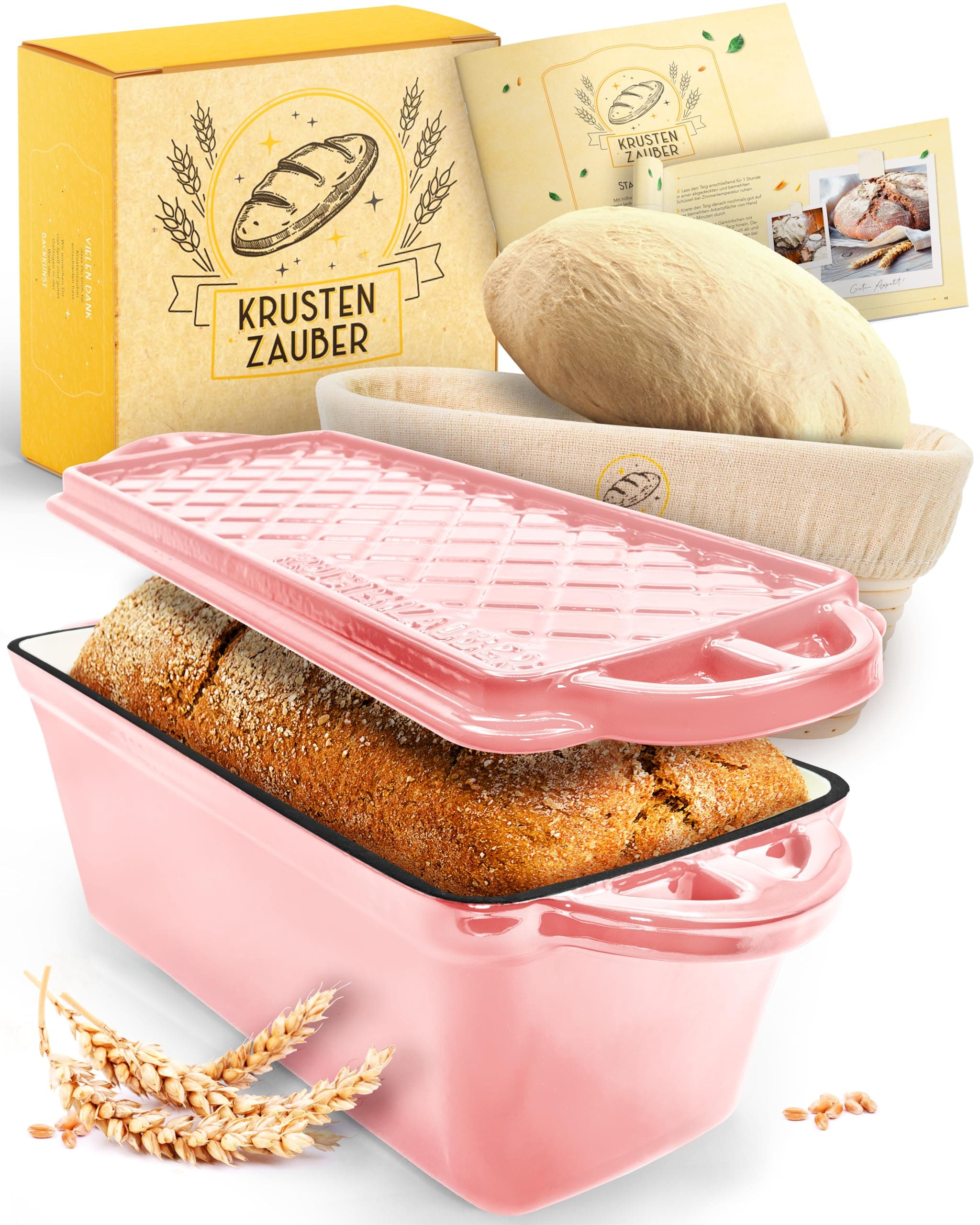 KRUSTENZAUBER Emaille Brotbackfrom mit Deckel inkl. Gärkorb - Robuste 28cm Backform aus Gusseisen - Ideal als Kastenform, Toastbrot Backform, Brotform, Gusseisen Topf Brot backen Zubehör, Brottopf