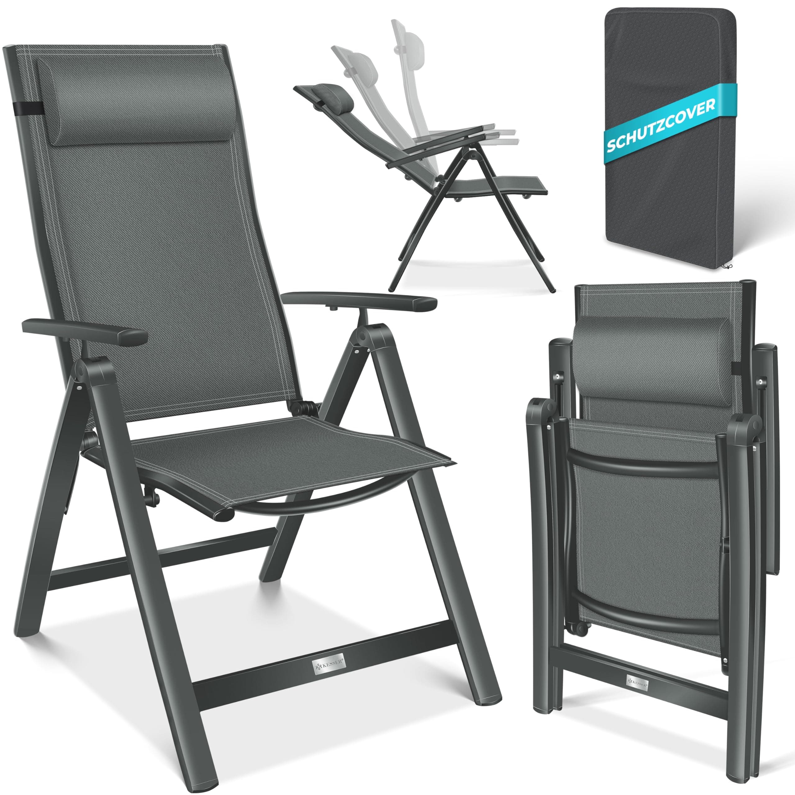 KESSER® Gartenstuhl Hochlehner mit Armlehnen Aluminium Klappstuhl mit Kopfkissen & Abdeckung Campingstuhl 7-Fach Verstellbar Rückenlehne Atmungsaktiv & Wetterfest Klappbar & Anti-Rutsch Anthrazit