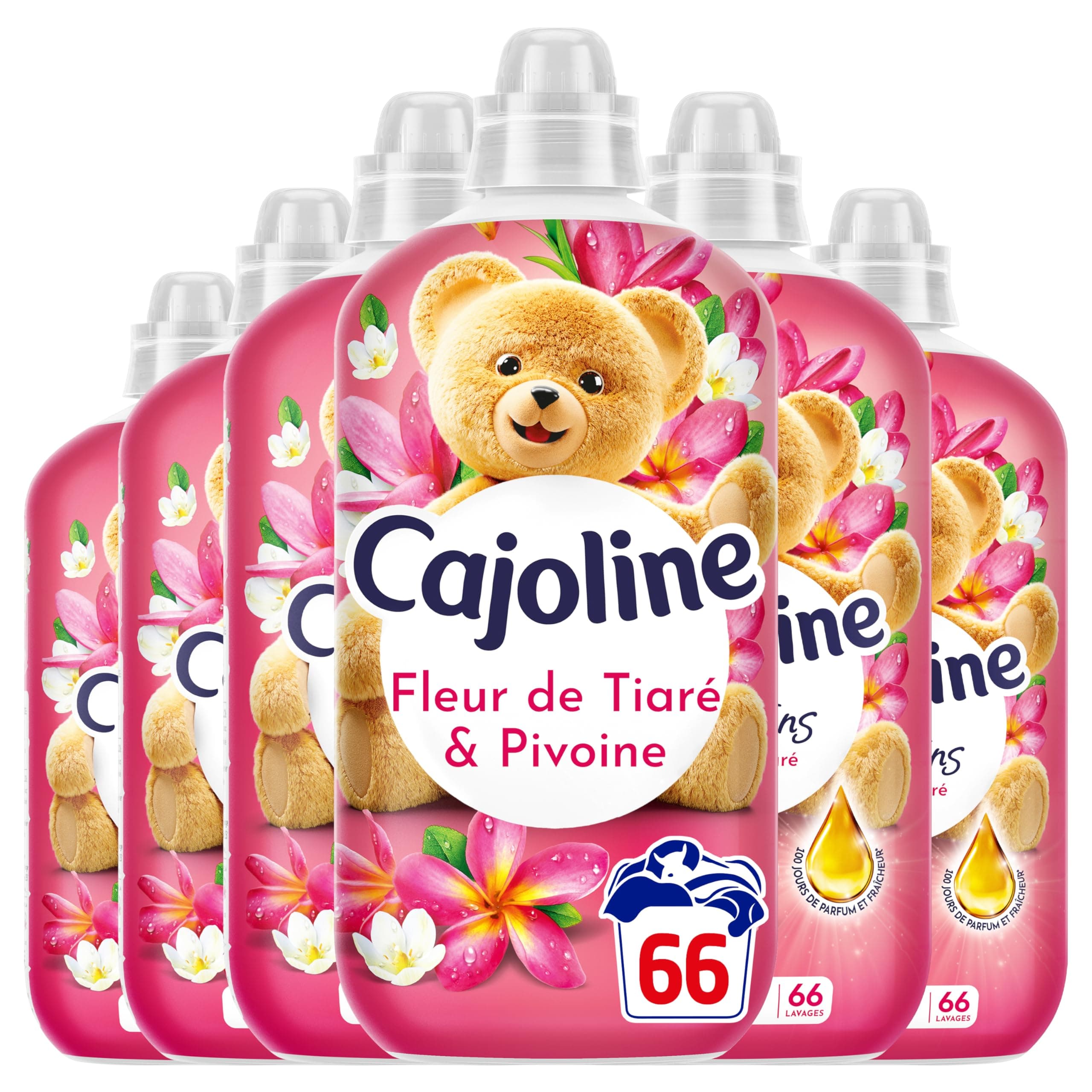 Cajoline Adoucissant linge liquide Fleur de la Tiaré & Pivoine Créations parfum et fraîcheur - 396 lavages -Lot de 6x66 lavages -1,386L