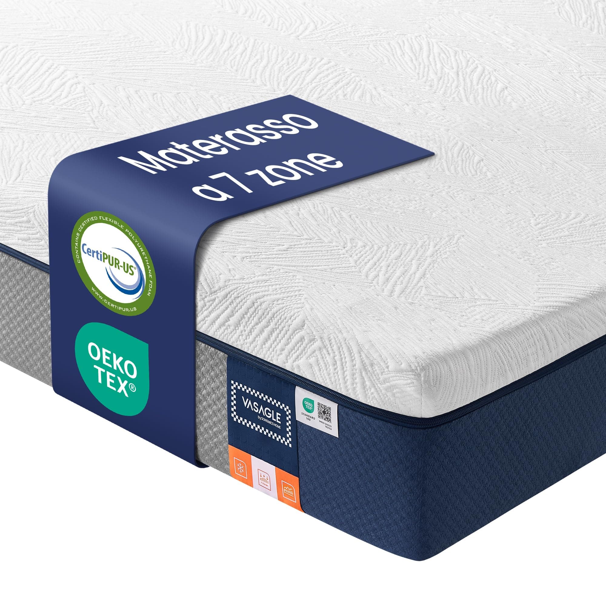 VASAGLE Materasso 160 x 190 cm, Materasso Matrimoniale, Memory Foam con Gel, Rigidità Media, 7 Zone, Rivestimento Traspirante Rimovibile e Lavabile in Lavatrice, 20 cm di Spessore, Blu RMZ129QZ01